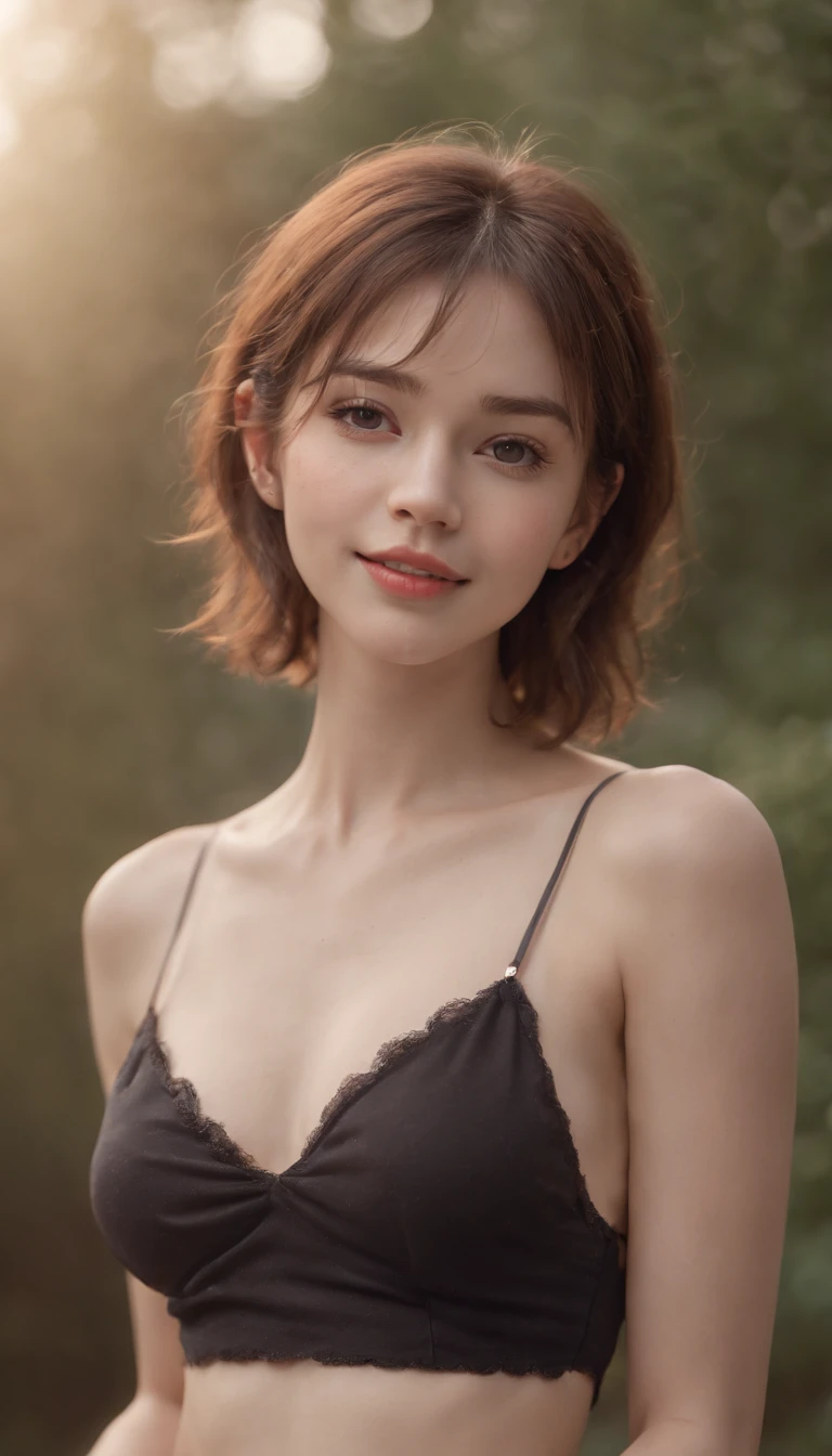(solo), (a detailed full body RAW photo of a girl), (masterpiece), (best quality), (ultra highres), (photorealistic), 8k resolution, Canon EOS R5, 50mm, absurdres, ultra detailed, (18yo), sharp focus, cinematic lighting, detailed beautiful face, (makeup), (ulzzang-6500-v1.1), petite figure, detailed skin texture, pale skin, flat chest, (skinny and fit body), thigh gap, detailed short brown hair, (very messy hair), smiling, (naked), realistic glistening skin, (cameltoe), (sweating), slim waist, seductive smile, solo