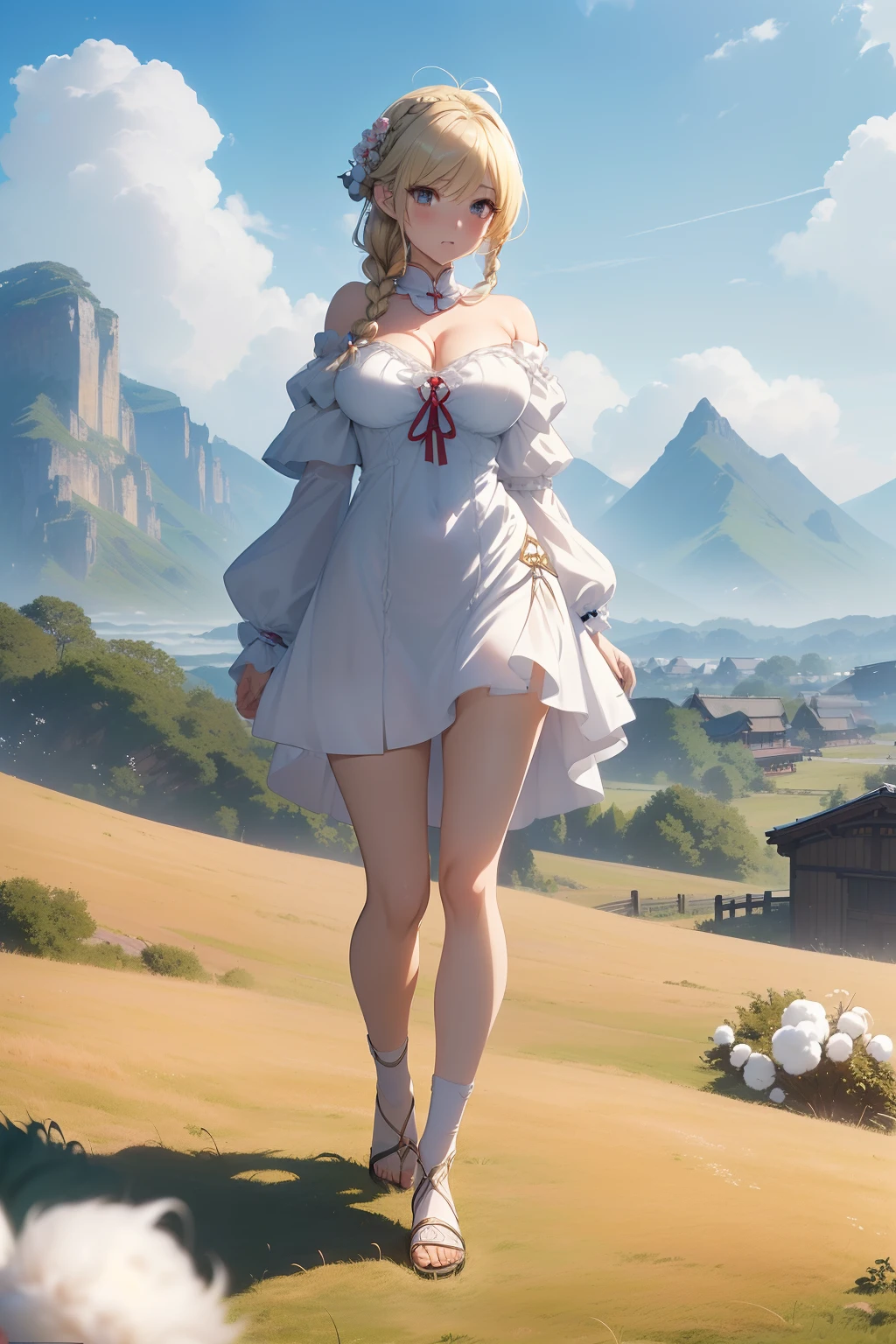 photorealistic, (hyperrealistic:1.2), beautiful, masterpiece, best quality, extremely detailed face, perfect lighting, full body, short hair, ((white hair)),full lips,thick eyebrows,gold eyes,1girl, medium breasts, ((red dress)), sundress, field of flowers, smiling, sun hat, (white choker),(lace choker), lifting skirt,white panties, ((from below)), looking down, ((upskirt))