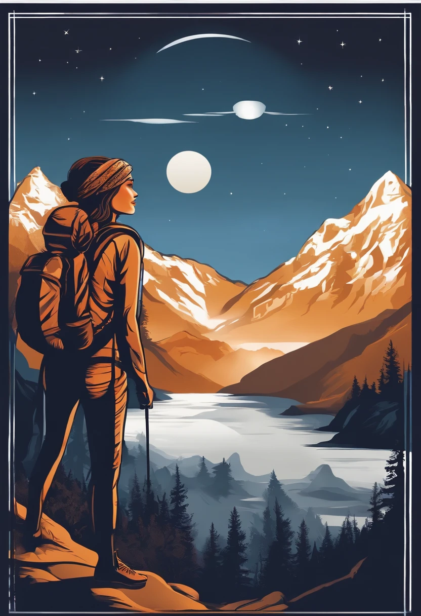 print ready vector t-shirt design, adventure scene with female explorer, with beautiful nocturnal sun and mountain and an animal in the background, clean white background, professional vector, full shot, 8K resolution, deep impression illustration