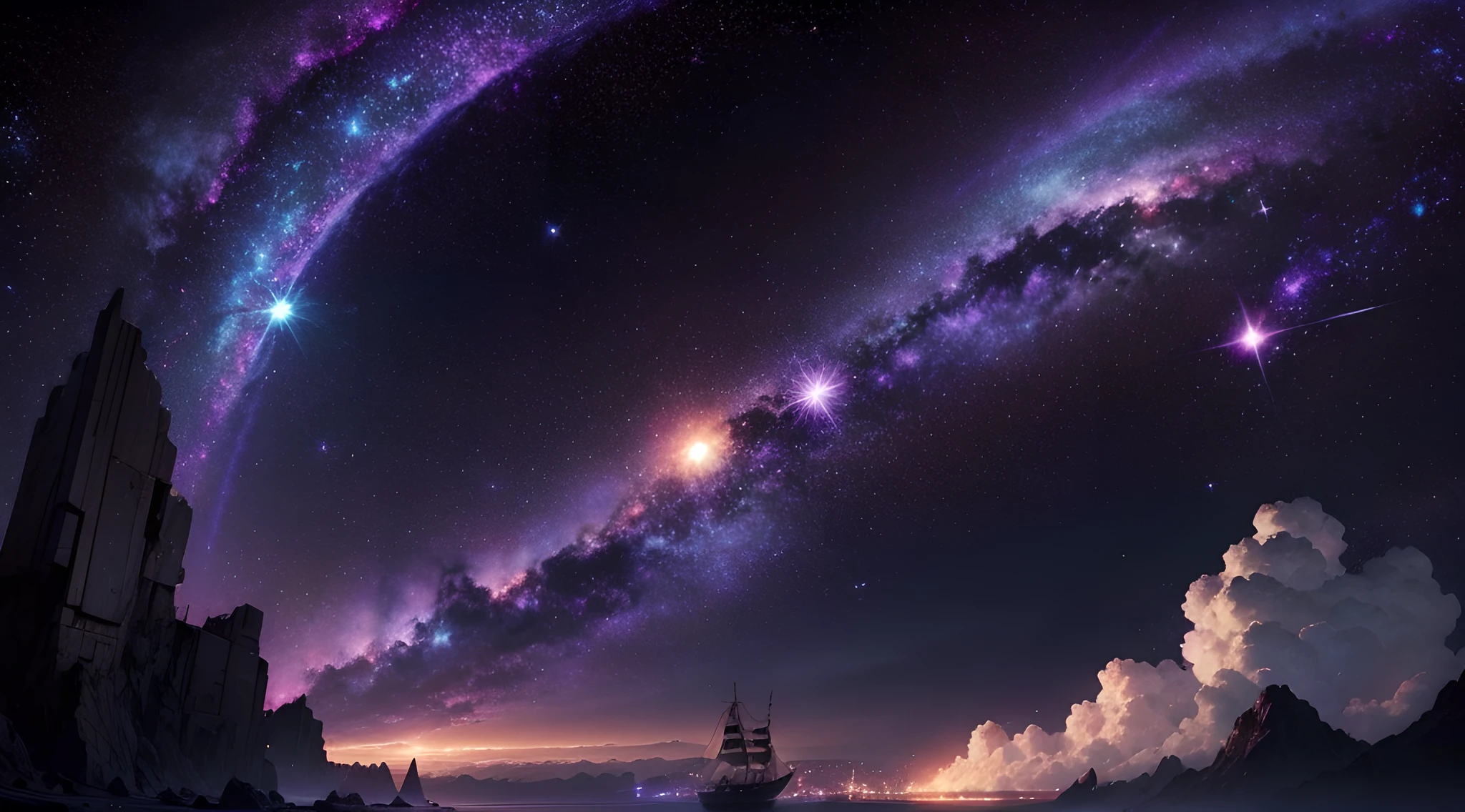 , Sternenmuster, lila, Leuchtender Stern, lila l, Feuer, Lichter, Fliegende Lichter ,((galaxy wallpaper)) (fliegendes shiff),(flammen meer)
