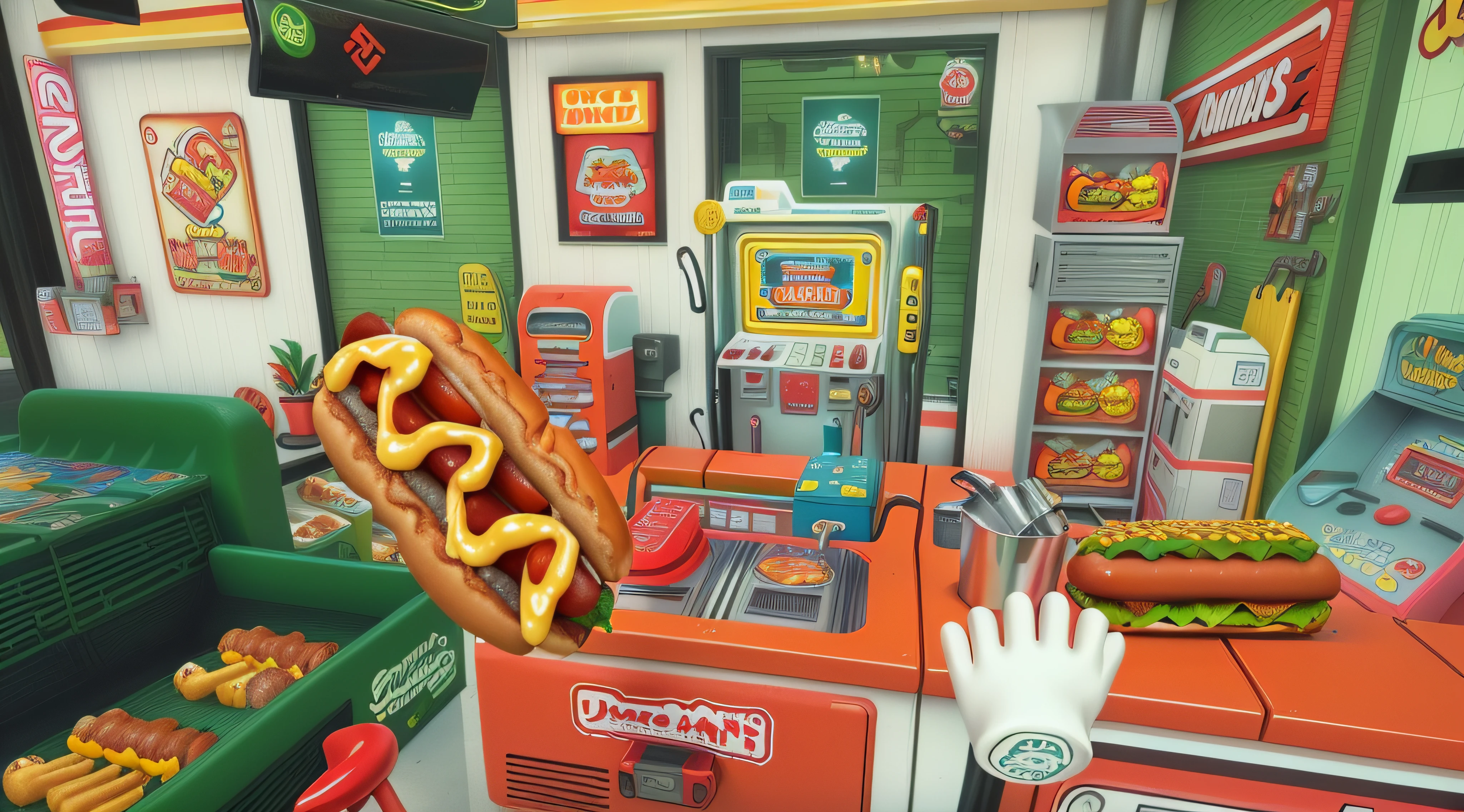 Close-up of cartoon hot dog in the store, videogame still, virtual reality game, a busy arcade, 3 d game, Indie games, Screenshots of internal gameplay, inside a gas station, Arcade, ❤🔥🍄🌪, Fantastic inside the supplier, Indie games, weenie, Arcade games, Petscop, avatar for website, operating on burgers, hot dog
