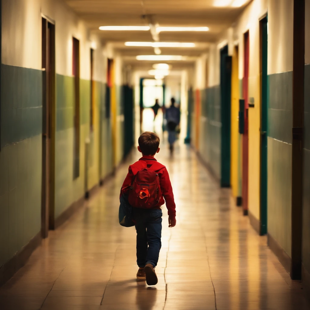 Young boy walking down the school corridor, his worn-out glasses slipping down his face