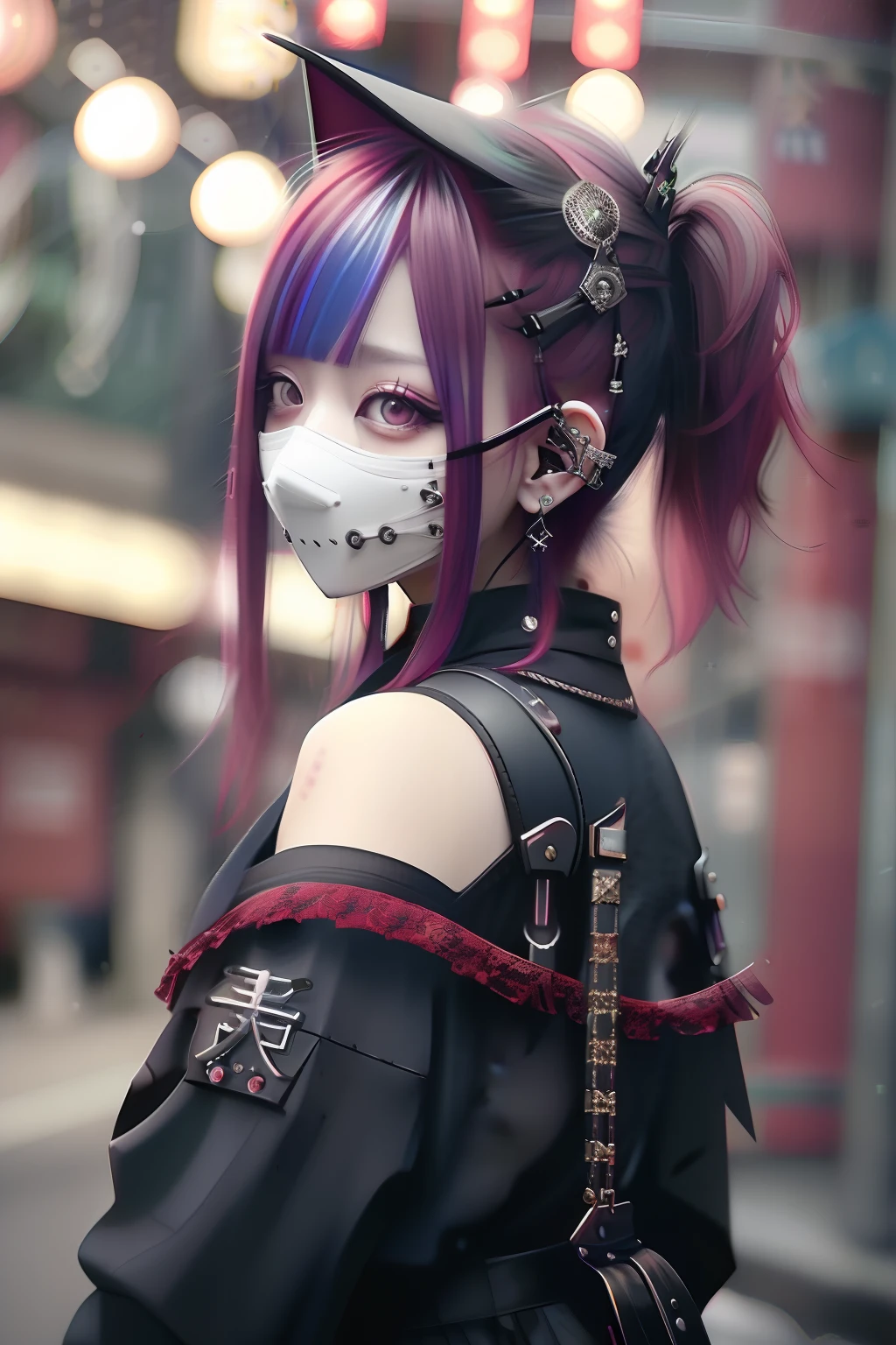 bright red、Really red、Red、Red-haired、rot、red hairs、head phone、🎧、goth_punk, 1girl in, 独奏, medium shot, Walking in Harajuku, ((during night)), bokeh dof, Neon light, Iridescent eyes, starrysky, red glowing hair, Black eyebrows, Radiant hair, (iridescent red hair), 耳Nipple Ring, bangss, jewely, masks, bluntbangs, verd s eyes, Mouth mask, blurry backround, bblurry, hair adornments, Look at viewers, shorth hair, portraitures, side locks