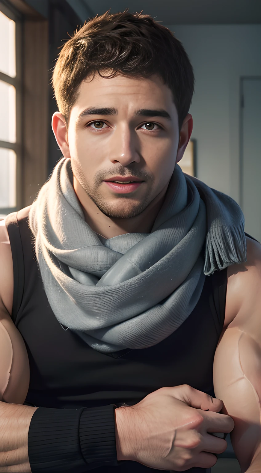 ((Men only)), (head shot), (face only), (having a scarf wrapped around his neck), ((Chris Redfield)), (Handsome muscle man in his 10s), (big Smile), (open his mouth wide), (detaile: 1 in 1), Natural muscles, HIG quality, beautidful eyes, (Detailed face and eyes), (Face、: 1 / 2), Noise, Real Photographics、... ...................................................................................................................PSD, Sharp Focus, High resolution 8K, realisitic & Professional Photography, 8K UHD, Soft lighting, High quality, Film grain, FujifilmXT3