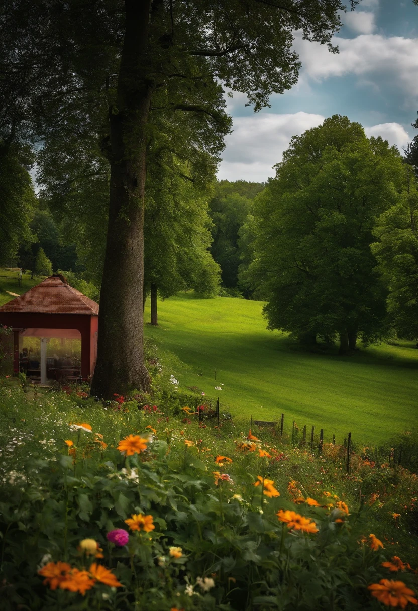 ein cafe am rand der stadt, In the background is a meadow and forest in front of the café is an old road and next to the café isr a small cemetery