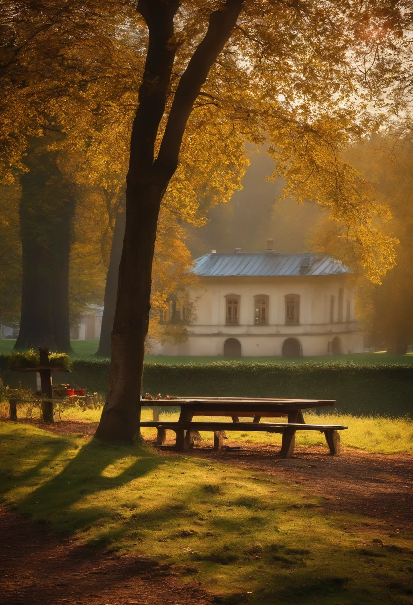 ein cafe am rand der stadt, In the background is a meadow and forest in front of the café is an old road and next to the café isr a small cemetery