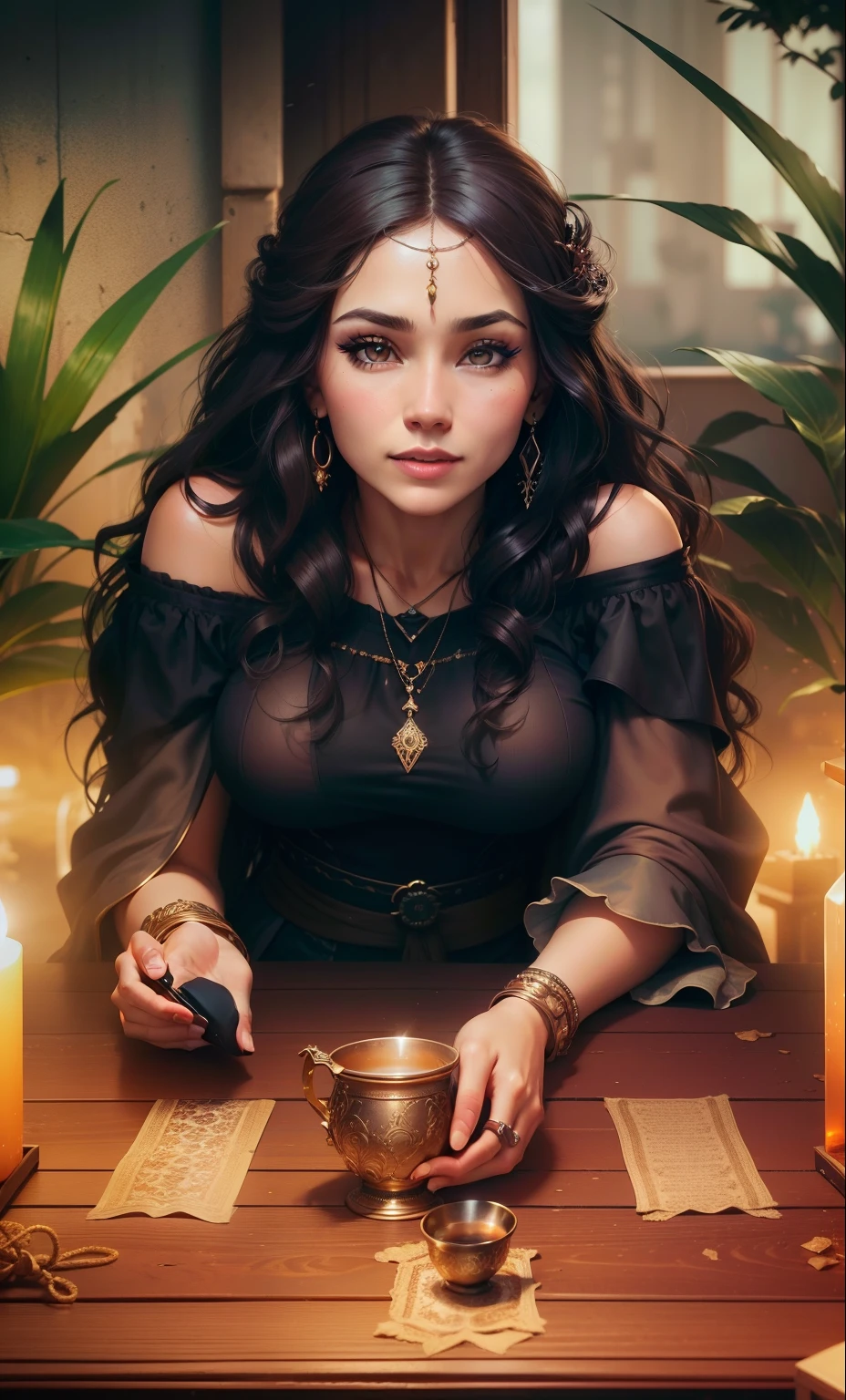 Create image of a beautiful gypsy woman holding a gypsy deck dramatic lighting, digital art trending on Artstation 8k HD high definition detailed realistic, circunstanciado, textura da pele, hiper detalhado, textura de pele realista, armadura, melhor qualidade, ultra high-resolution, (fotorrealista:1.4), high resolution, circunstanciado, Foto RAW, sharp re, by Lee Jeffries Nikon D850 film Stock Photography 4 Kodak Portra 400 camera F1.6 lens rich colors hyper realistic lifelike texture dramatic lighting unrealengine trending on artstation cinestill 800, (editorial photograph of a 21 year old woman), (highly detailed face:1.4) (smile:0.7) nikon d850, film stock photograph ,4 kodak portra 400 ,camera f1.6 lens ,rich colors ,hyper realistic, lifelike texture, dramatic lighting , cinestill 800, Nikon 800mm lens, Tall, feminine, Instagram model, asian, long black hair, petite nose, thin eyebrows, posed, confident, smiling, eyeshadow, eyeliner, contour, foundation, huge breasts, cleavage, glossy, (highly detailed eyes:1) (selfie:0.5)