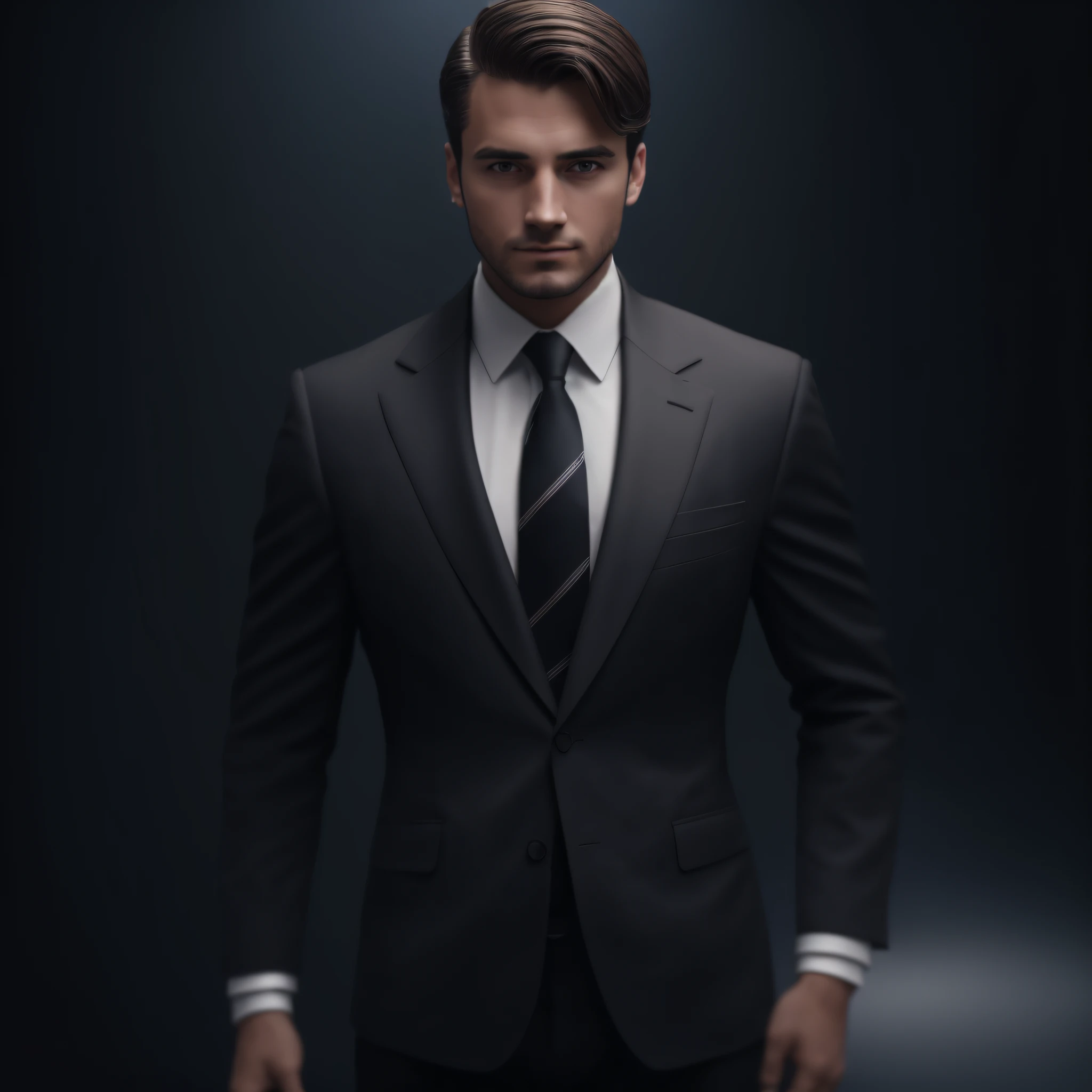 a Man standing with 30 years in suit and tie, body and head straight in the photo, (((DSRL)))), facing the viewer of the photo, eyes fixed to the lens, studio photo, ((((appears hair, shoulders and head in the photo)))), man centered in the photo, 8k, best quality, masterpiece, realistic, realistic photo, movie photo, ultra realistic, 1 person, detailed, perfect lighting, DSRL, professional photo, 4k