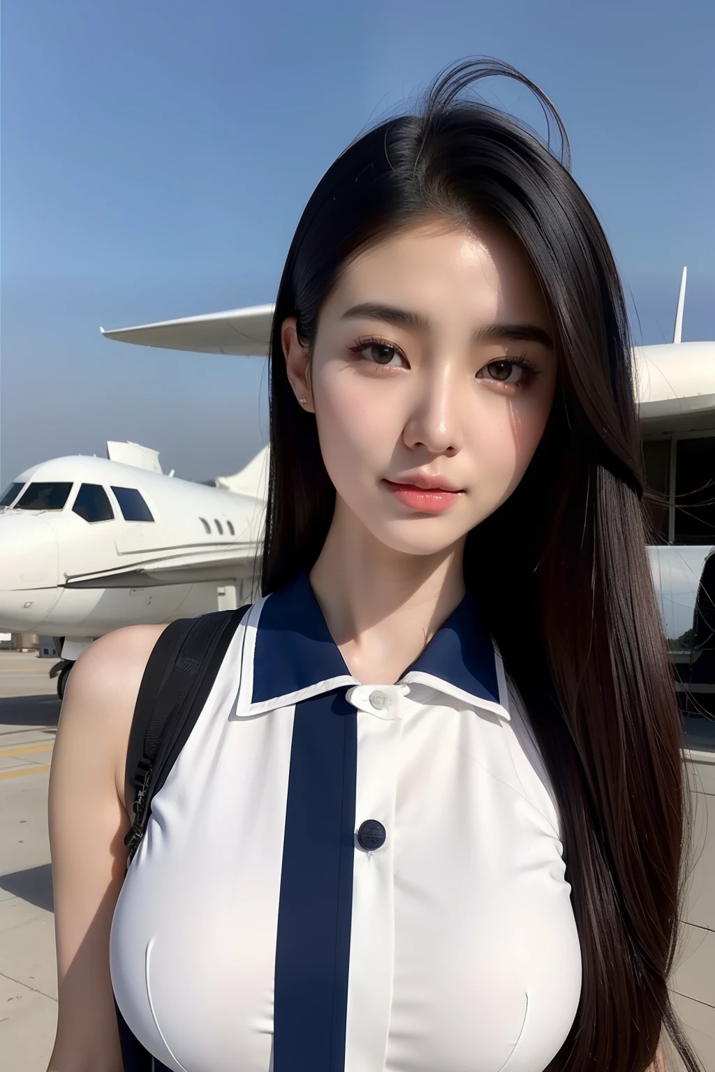arafed asian woman in a blue and white uniform standing in front of a plane, cute pilot girl, korean girl, jaeyeon nam, beautiful south korean woman, cute girl wearing tank suit, pilot girl, taejune kim, korean woman, heonhwa choe, gorgeous young korean woman, girl with warship parts, wearing dirty ripped flight suit, beautiful south korean woman, korean girl, beautiful young korean woman, korean woman, heonhwa choe, korean women's fashion model, sexy look, big breast, sexy pose, show breast, light white hair