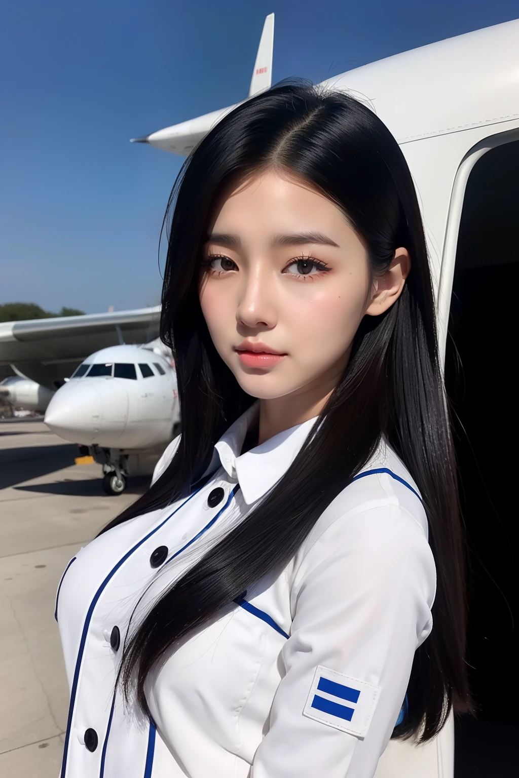 arafed asian woman in a blue and white uniform standing in front of a plane, cute pilot girl, korean girl, jaeyeon nam, beautiful south korean woman, cute girl wearing tank suit, pilot girl, taejune kim, korean woman, heonhwa choe, gorgeous young korean woman, girl with warship parts, wearing dirty ripped flight suit, beautiful south korean woman, korean girl, beautiful young korean woman, korean woman, heonhwa choe, korean women's fashion model, sexy look, big breast, sexy pose, show breast, light blue hair