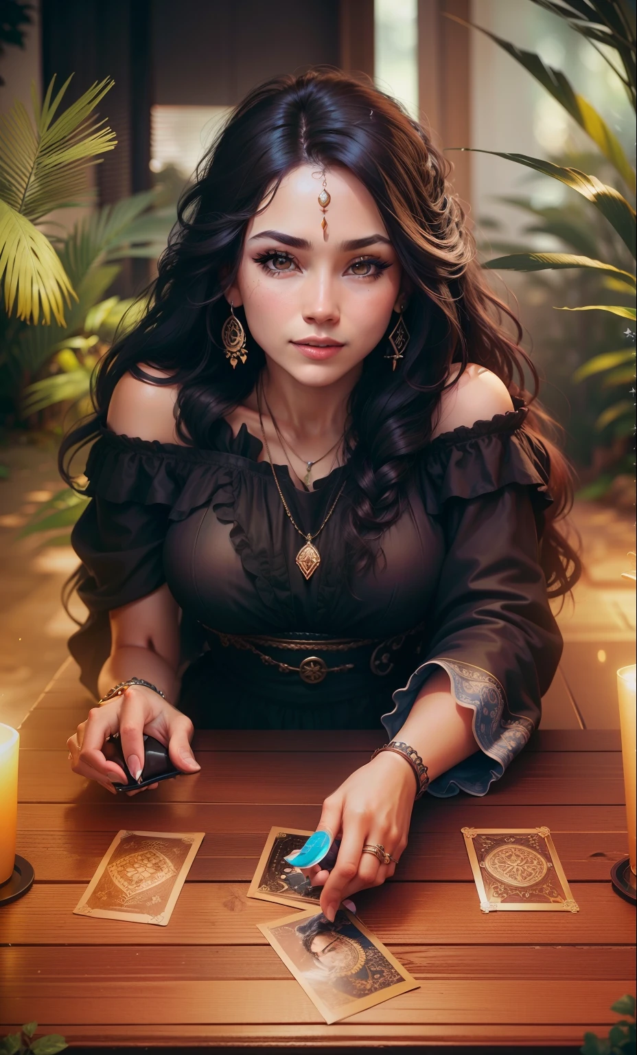 Create image of a beautiful gypsy woman holding a gypsy deck dramatic lighting, digital art trending on Artstation 8k HD high definition detailed realistic, circunstanciado, textura da pele, hiper detalhado, textura de pele realista, armadura, melhor qualidade, ultra high-resolution, (fotorrealista:1.4), high resolution, circunstanciado, Foto RAW, sharp re, by Lee Jeffries Nikon D850 film Stock Photography 4 Kodak Portra 400 camera F1.6 lens rich colors hyper realistic lifelike texture dramatic lighting unrealengine trending on artstation cinestill 800, (editorial photograph of a 21 year old woman), (highly detailed face:1.4) (smile:0.7) nikon d850, film stock photograph ,4 kodak portra 400 ,camera f1.6 lens ,rich colors ,hyper realistic, lifelike texture, dramatic lighting , cinestill 800, Nikon 800mm lens, Tall, feminine, Instagram model, asian, long black hair, petite nose, thin eyebrows, posed, confident, smiling, eyeshadow, eyeliner, contour, foundation, huge breasts, cleavage, glossy, (highly detailed eyes:1) (selfie:0.5)