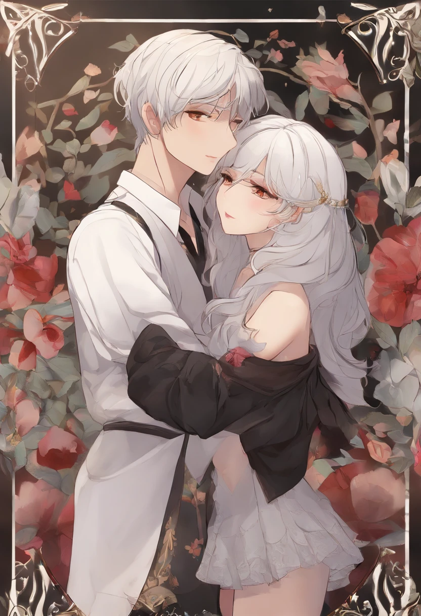 two guys,A black-haired teenager,A girl with white hair,The black-haired boy stood behind the white-haired girl and hugged the girl,The girl's legs were spread apart,The girl's panties hung from her calves,