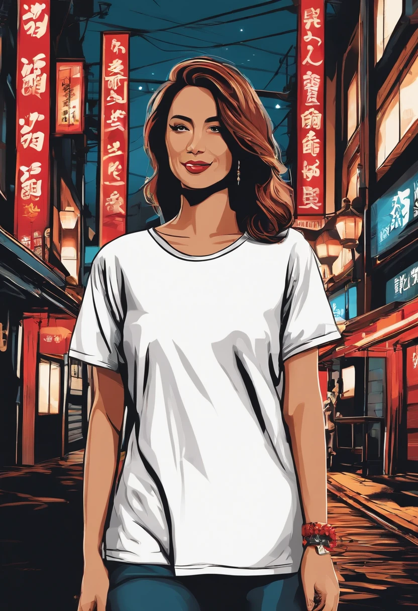 print ready vector t-shirt design, Japan street scene during the night, clean white background, professional vector, full shot, 8K resolution, deep impression illustration