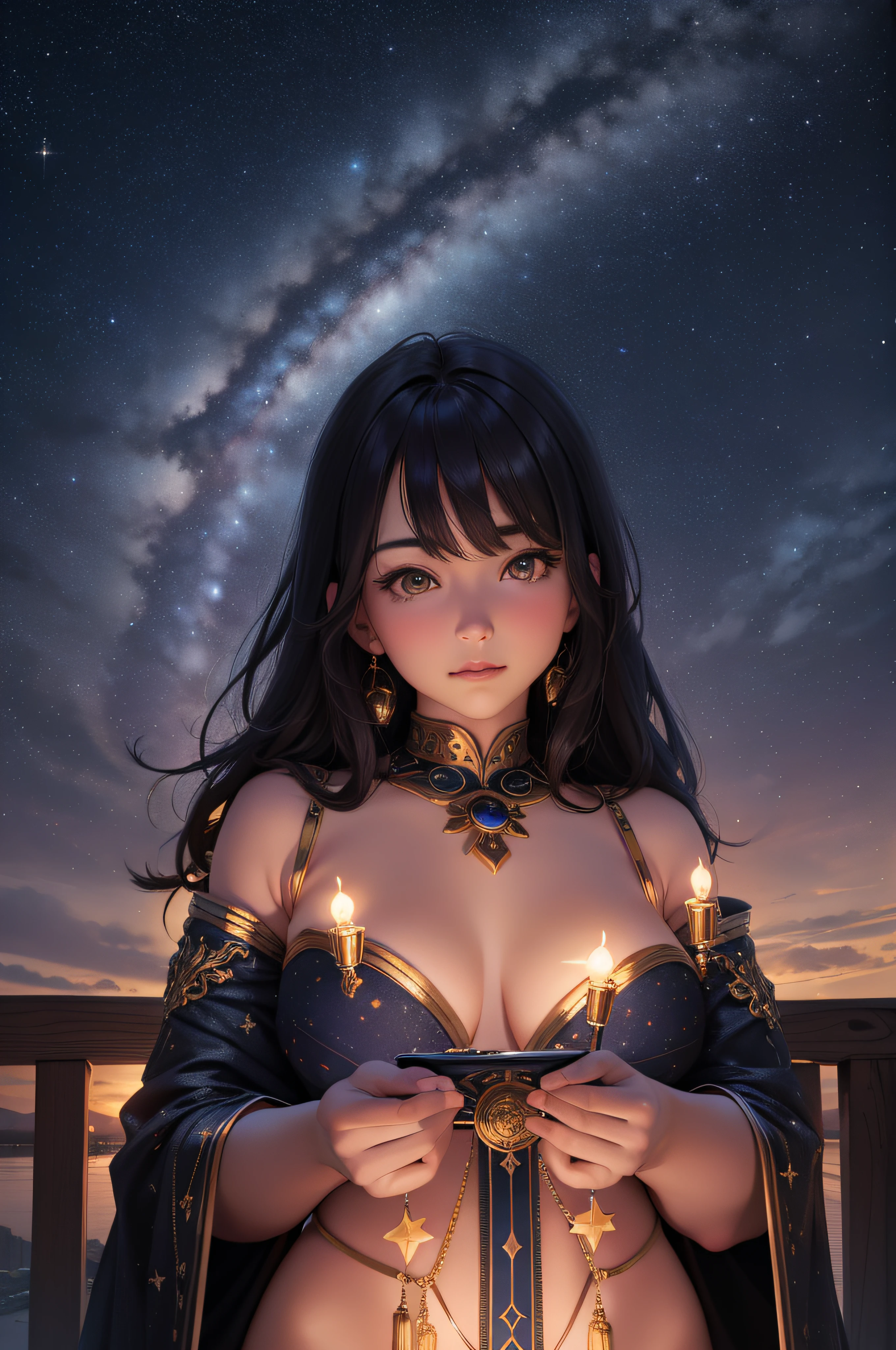 (best quality,4k,8k,highres,masterpiece:1.2),ultra-detailed,(realistic,photorealistic,photo-realistic:1.37),warm and cozy lighting,a girl enjoying her time in a dreamy galaxy, surrounded by constellations, with a magnificent temple and twelve towering Buddha statues in the background, stars dancing around her, a face with exquisite features, adding an alluring atmosphere