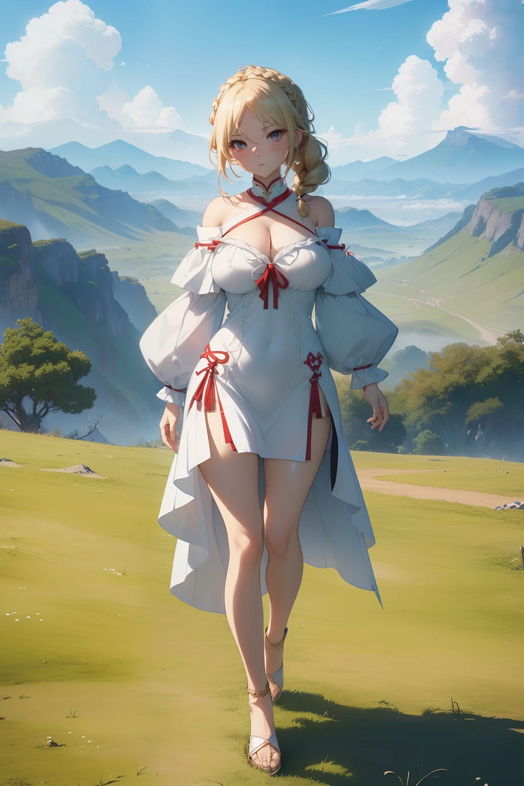 ((masterpiece, best quality, photorealistic, cinematic), perfect anatomy, expressive eyes, perfect face, perfect hands, ((large cleavage)), long round legs, round ass, (((anime girl in super thin white puff sleeve off the shoulder cotton lining dress))), ((blonde-hair, braided hairstyle)), seductive anime girl, Ayaka Genshin Impact, extremely detailed artgerm, from girls frontline, range murata and artgerm, xianxia, style artgerm, beautiful alluring anime woman, thicc, guweiz on artstation pixiv, ((wide shot, full body view)), (background: grassland, cabin, mountains, blue sky, clouds))