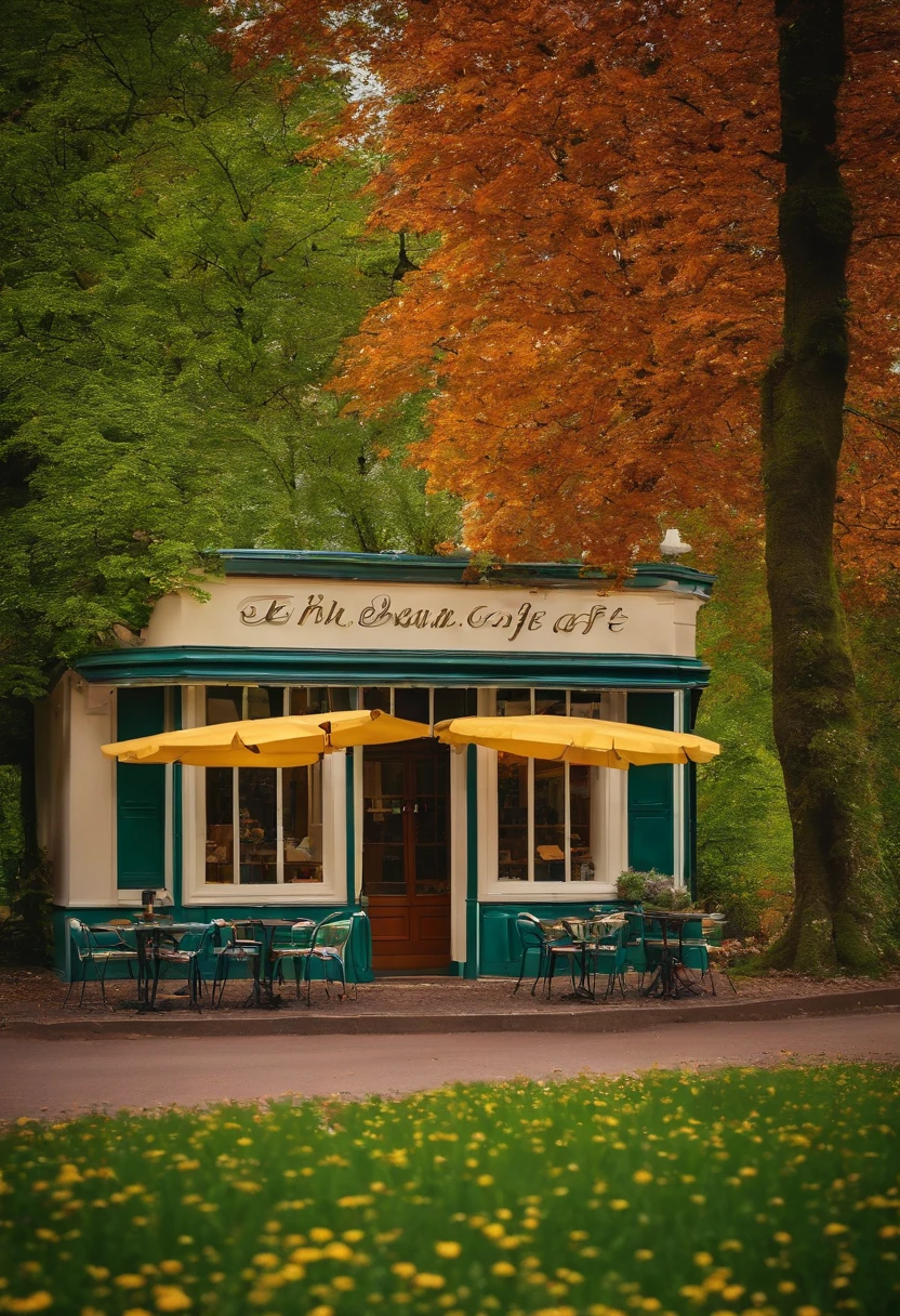 ein kleines cafe am rand der stadt, In the background is a meadow and forest in front of the café is an old road and a bank, neben dem cafe ist ein kleiner friedhof