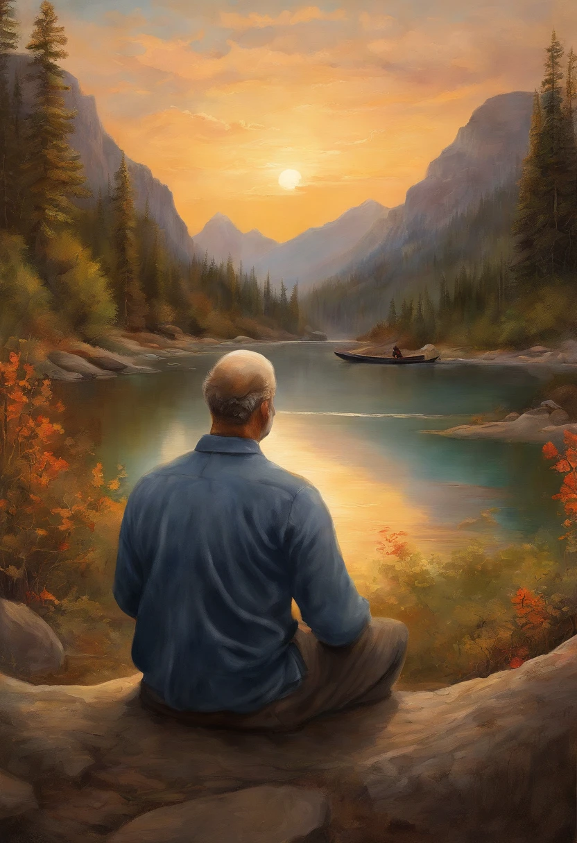 Mature men, sitting in a meditation position, In front of the beautiful Orissant, As the sun sets, Related to the sacred, Portrait photos, director: Drew Tucker, director: Adam Marchinski, director: Alexander Kucharisky, director: Gavin Nolan, 8K surrealism, director: Jason Felix, Yuri Shwedoff e Tom Bagshaw, illustrative art, Estello Eric Johnson