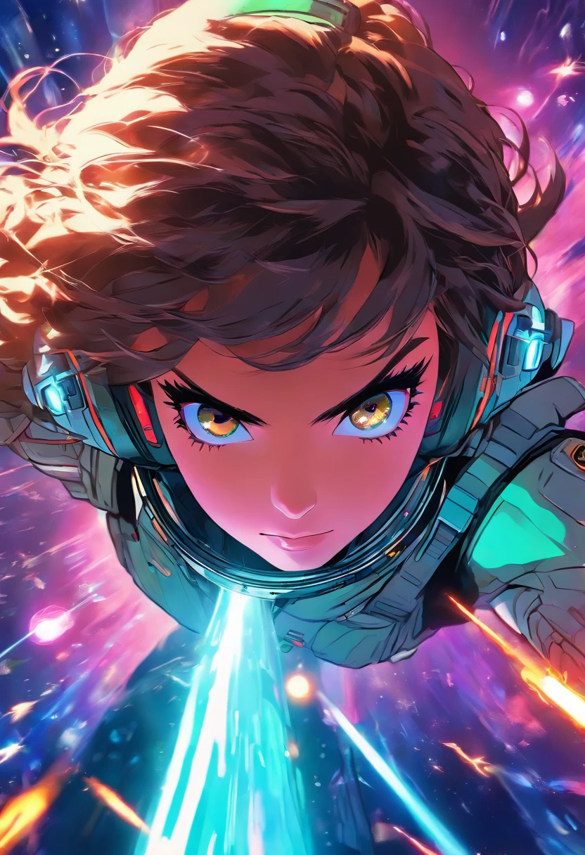 Sci-fi image, intricately detailed photograph of a woman starfighter pilot, ((glowy eyes)), ((laser shots in the space)), advanced technology, cockpit view, holographic glow, light particles, x-wing, hyperdetailed skin, defiant gaze shot on dslr camera, shot by MSchiffer, 32k resolution, best quality