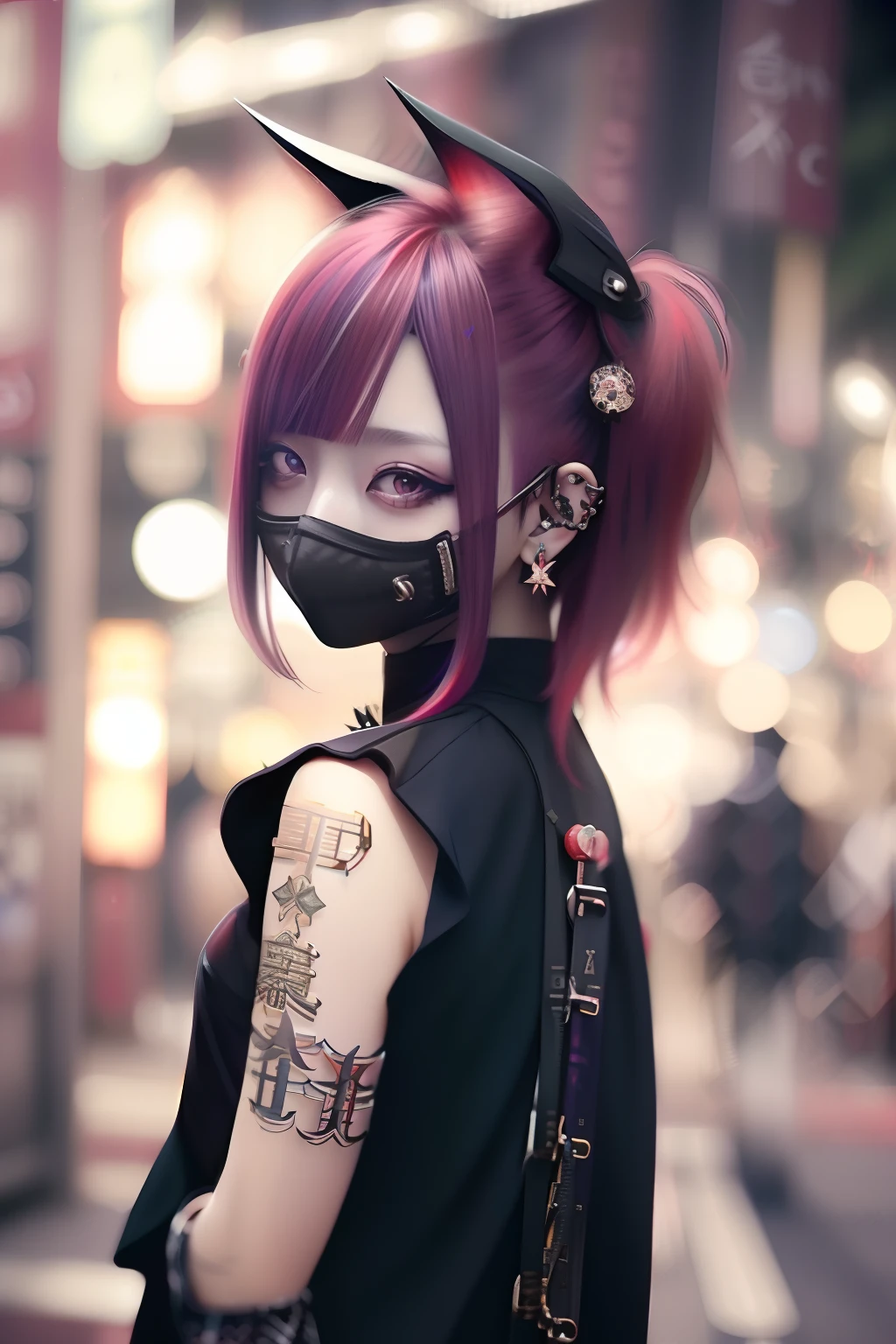 bright red、Really red、Red、Red-haired、rot、red hairs、head phone、🎧、goth_punk, 1girl in, 独奏, medium shot, Walking in Harajuku, ((during night)), bokeh dof, Neon light, Iridescent eyes, starrysky, red glowing hair, Black eyebrows, Radiant hair, (iridescent red hair), 耳Nipple Ring, bangss, jewely, masks, bluntbangs, verd s eyes, Mouth mask, blurry backround, bblurry, hair adornments, Look at viewers, shorth hair, portraitures, side locks