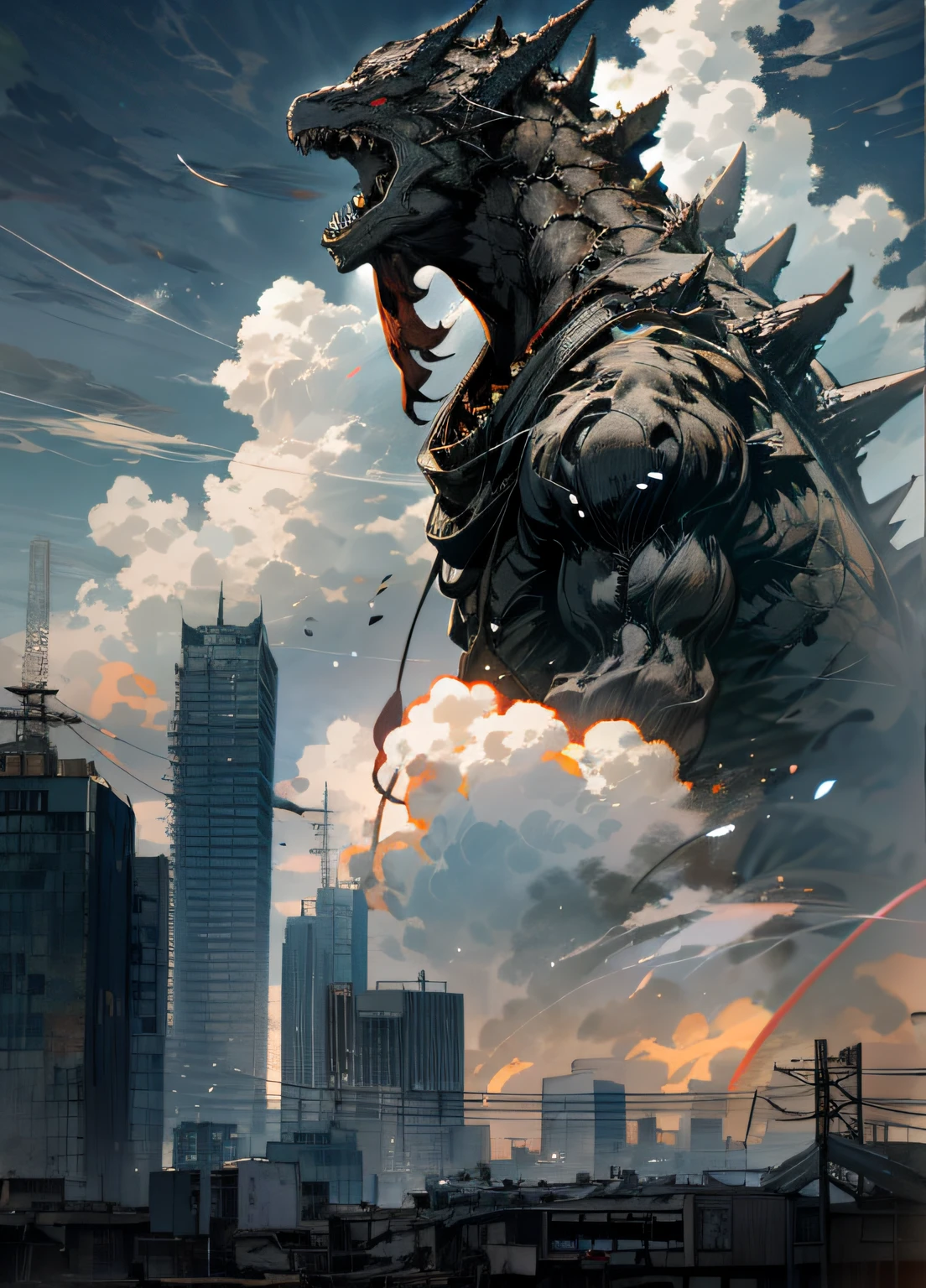 Skysky，​​clouds，Godzilla，Crumbling city buildings，scientific fiction，Realistis，There are no humans，The body line of the beast