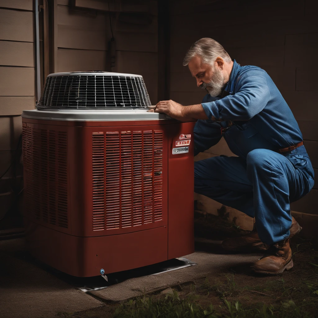 A middle-aged man with a wrench wears overalls and repairs a central air conditioning unit