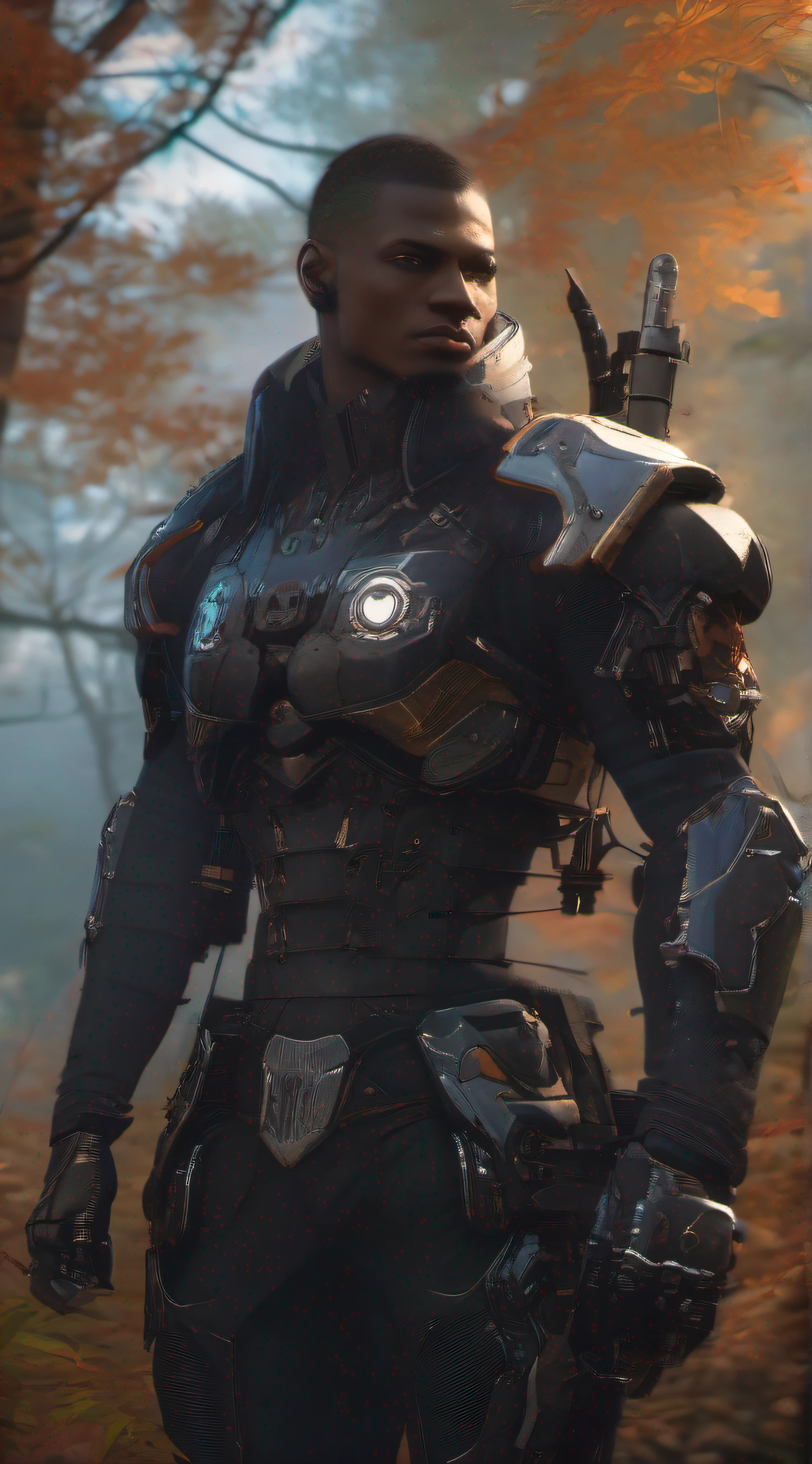 dark male cyborg , forestpunk