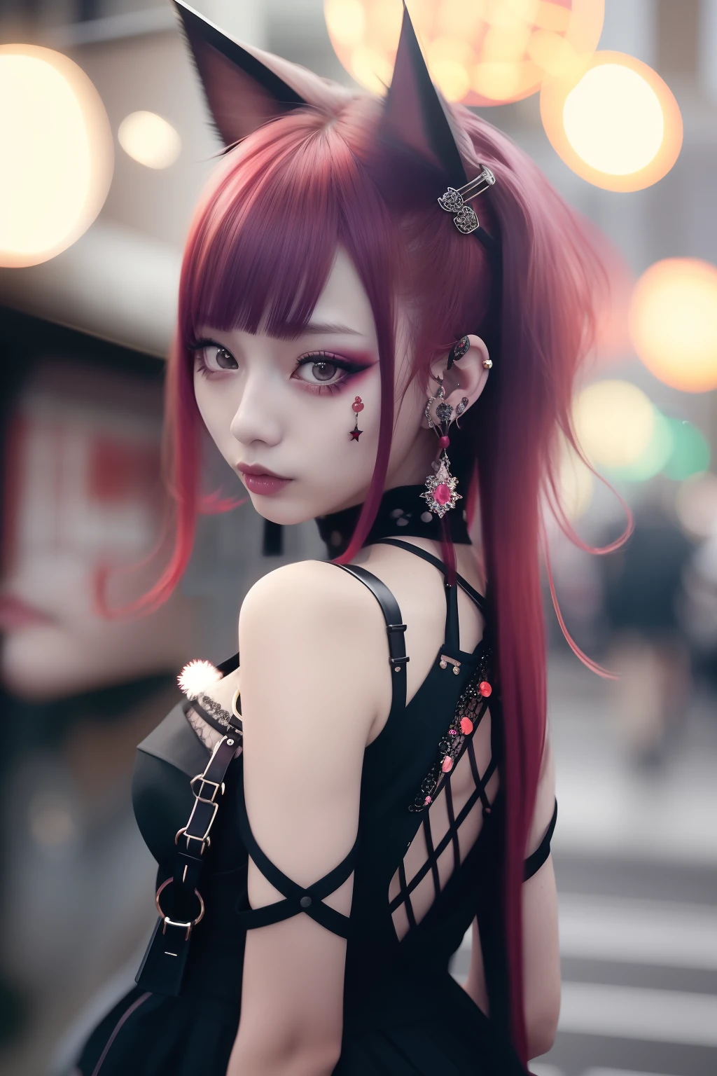 bright red、Really red、Red、Red-haired、rot、red hairs、head phone、🎧、goth_punk, 1girl in, 独奏, medium shot, Walking in Harajuku, ((during night)), bokeh dof, Neon light, Iridescent eyes, starrysky, red glowing hair, Black eyebrows, Radiant hair, (iridescent red hair), 耳Nipple Ring, bangss, jewely, masks, bluntbangs, verd s eyes, Mouth mask, blurry backround, bblurry, hair adornments, Look at viewers, shorth hair, portraitures, side locks