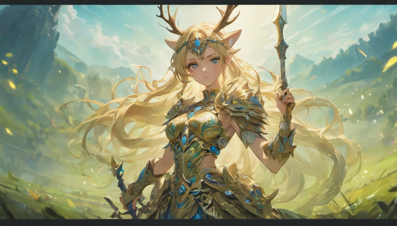 High details, Best quality, 8K, [Ultra detailed], Masterpiece, Best quality, (Extremely detailed), Dynamic Angle, super wide shot, Photorealistic, anime big breast， wide angles, (((Anatomically correct)))  preparing to fight (intense detail, Masterpiece, Best quality: 1.5), anthropomorphic female deer  (intense detail, Masterpiece, Best quality: 1.5),From the Ark of Tomorrow，Forest deer warrior woman ，blond hairbl, Long hair, Wavy hair, deer ear, Dynamic eye color, Wearing heavy elven armor LnF, Shiny metal, Holding a sword, Stand near the unicorn, Green meadows, Blue sky background and some cloud background depth of field (Intricate details, Masterpiece, Best quality: 1.5), Dynamic Angle, (Intricate details, Masterpiece, Best quality: 1.5), High details, Best quality, A high resolution, ultra-wide-angle