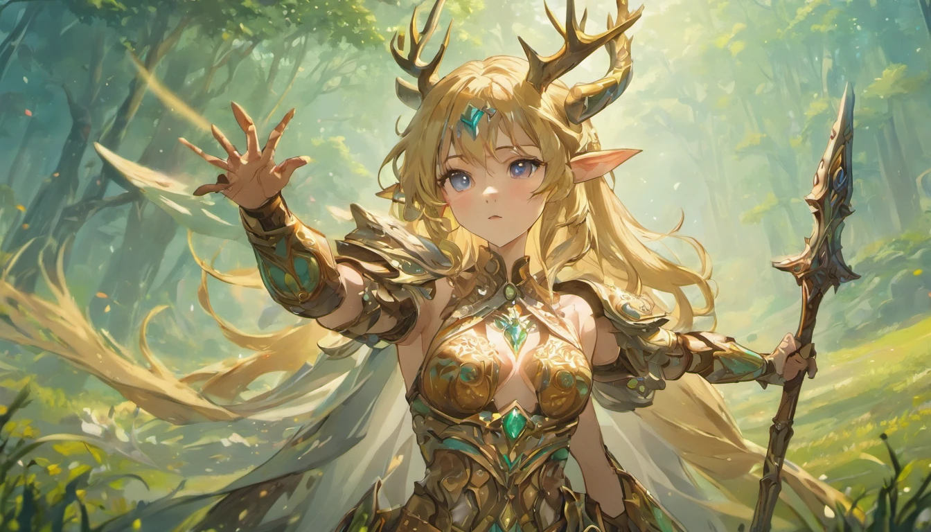 High details, Best quality, 8K, [Ultra detailed], Masterpiece, Best quality, (Extremely detailed), Dynamic Angle, super wide shot, Photorealistic, anime big breast， wide angles, (((Anatomically correct)))  preparing to fight (intense detail, Masterpiece, Best quality: 1.5), anthropomorphic female deer  (intense detail, Masterpiece, Best quality: 1.5),From the Ark of Tomorrow，Forest deer warrior woman ，blond hairbl, Long hair, Wavy hair, deer ear, Dynamic eye color, Wearing heavy elven armor LnF, Shiny metal, Holding a sword, Stand near the unicorn, Green meadows, Blue sky background and some cloud background depth of field (Intricate details, Masterpiece, Best quality: 1.5), Dynamic Angle, (Intricate details, Masterpiece, Best quality: 1.5), High details, Best quality, A high resolution, ultra-wide-angle