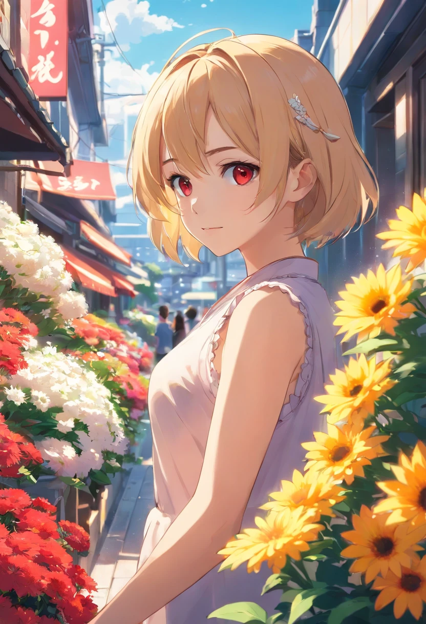 Extremely delicate and beautiful, Amazing, finedetail, Masterpiece, Ultra-detailed, A high resolution,Best Illustration, Best shadow,Intricate,Sharp focus, High quality, 1female, Solo, blond hairbl. Red eyes, Kavi Genshin Impact, Florist façade, Flowers in pots, Flowers for sale
