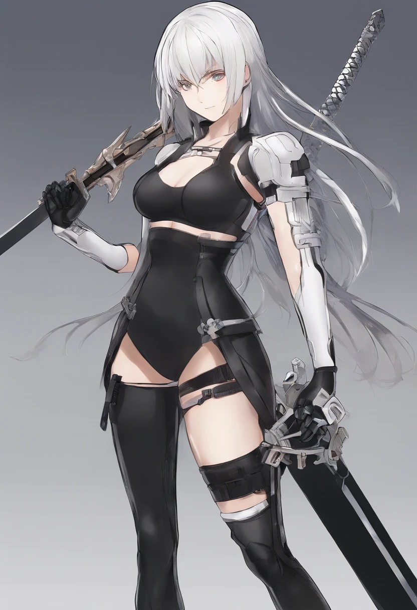 a drawing of a woman with a sword and a black top, tifa lockhart with white hair, cyborg - girl with silver hair, nier autoamata, female anime character, female action anime girl, nier inspired, anime character art, anime woman fullbody art, nier : automata inspired, nier, nier:automata inspired, anime character, detailed anime character art