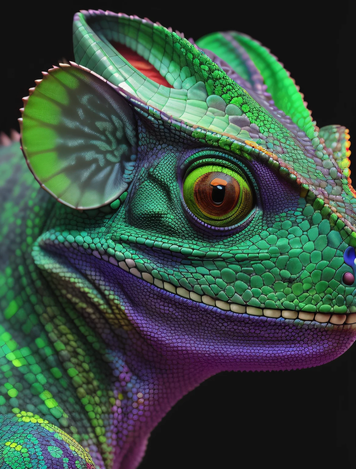 A closeup of a lizard with a green and purple head, closeup 4k, arte digital ultra-detalhada, Holographic creatures, chameleon, 8 k criatura ultra realista, arte digital ultradetalhada, cores altamente detalhadas, hiperreal altamente detalhado 8 k, arte digital ultra detalhada, criatura altamente detalhada, sci-fi lizard alien, Detalhe 4k, Detalhe 4K