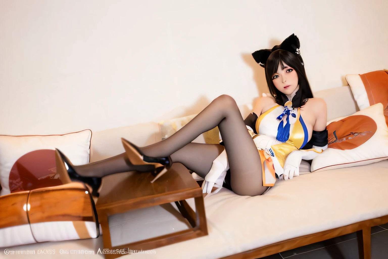 There was a woman sitting on a sofa with a bag, Anime girl cosplay, cosplay of a catboy! maid! dress, Ayaka cosplay, trending at cgstation, ahri from league of legend, elegant glamourous cosplay, the anime girl is crouching, Anime cosplay, cosplay, ahri, trending on cgstation, full-cosplay, faye valentine