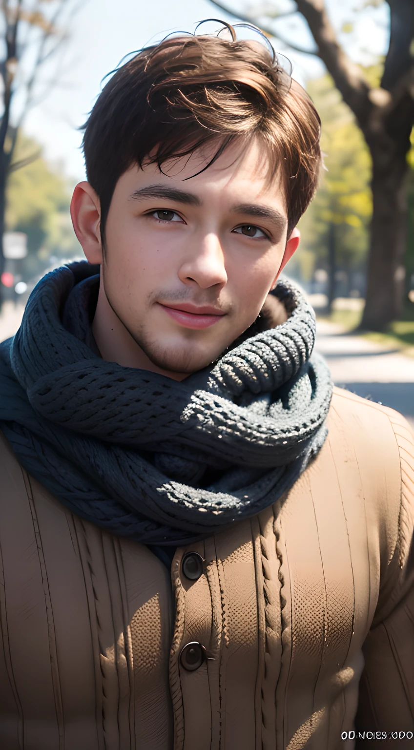 ((Men only)), (head shot), (having a scarf wrapped around his neck), ((Chris Redfield)), (Handsome muscle man in his 10s), (big Smile), (The trees have turned red and yellow), (detaile: 1 in 1), Natural muscles, HIG quality, beautidful eyes, (Detailed face and eyes), (Face、: 1 / 2), Noise, Real Photographics、... ...................................................................................................................PSD, Sharp Focus, High resolution 8K, realisitic & Professional Photography, 8K UHD, Soft lighting, High quality, Film grain, FujifilmXT3