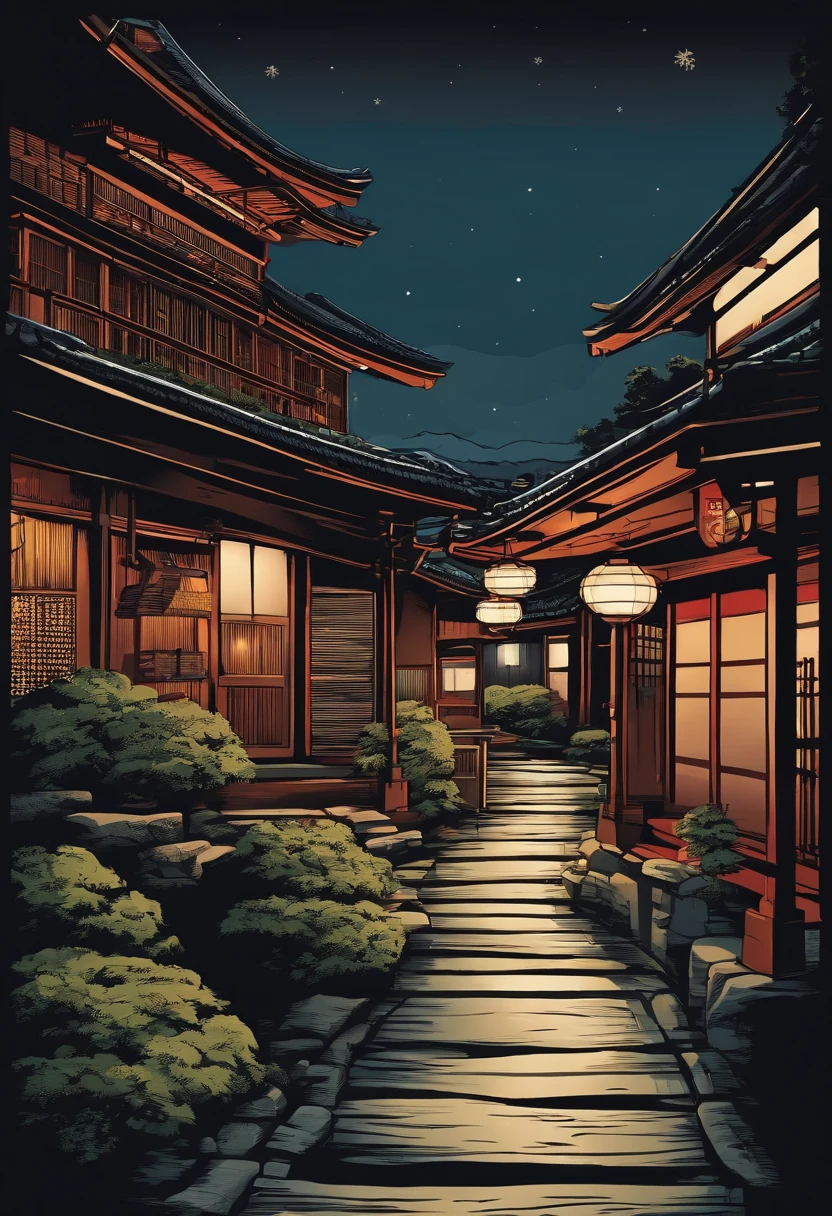 print ready vector t-shirt design, Japan village scene during the night with no people , clean white background, professional vector, full shot, 8K resolution, deep impression illustration