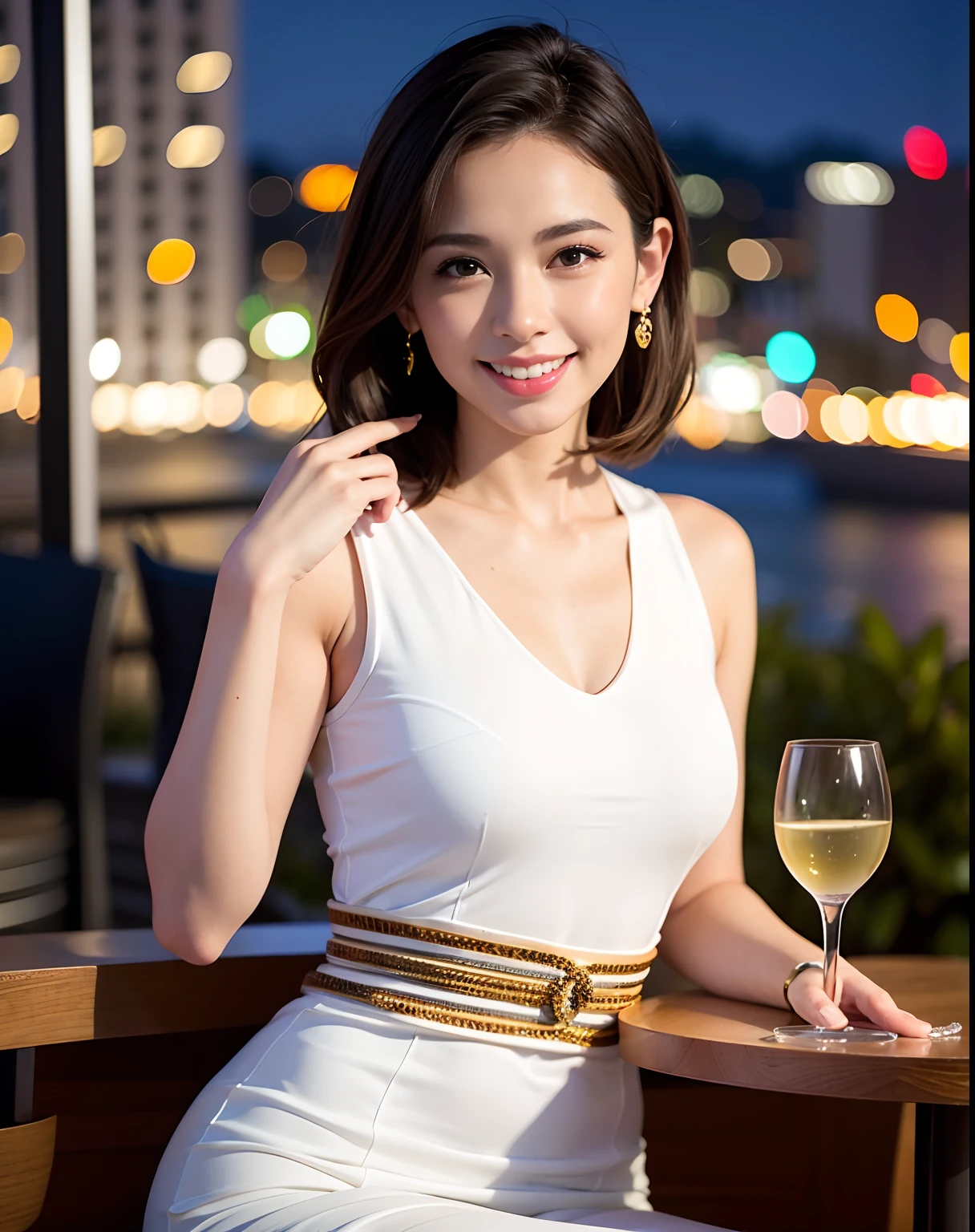 (64K, UHD, top quality, masterpiece: 1.2), (realistic, photorealistic: 1.37), super detailed, pretty woman 1 person, (slim face), (slim body), (brown hair), (short cut), cheeks slightly blushing, (44 years old), 38 years old, solo, beautiful detailed urban night view outside the window, restaurant, wine glasses sit, at night, in a prominent placeNovaFrogStyle, Actress, Model, Waist Up, White Wine, Slim, Wine Glass, Super Clean Night View, Wine Glass Put in the Middle, Happy Smile, (Smile: 1.15), Beautiful Fine Eyes, Upper Body, Bust Japan Up, Night, Short, Short, Actress, Model, Waist Up, White Wine, Slim, Wine Glass, Super Clean Night View, Wine Glass Put in the Middle, Happy Smile,