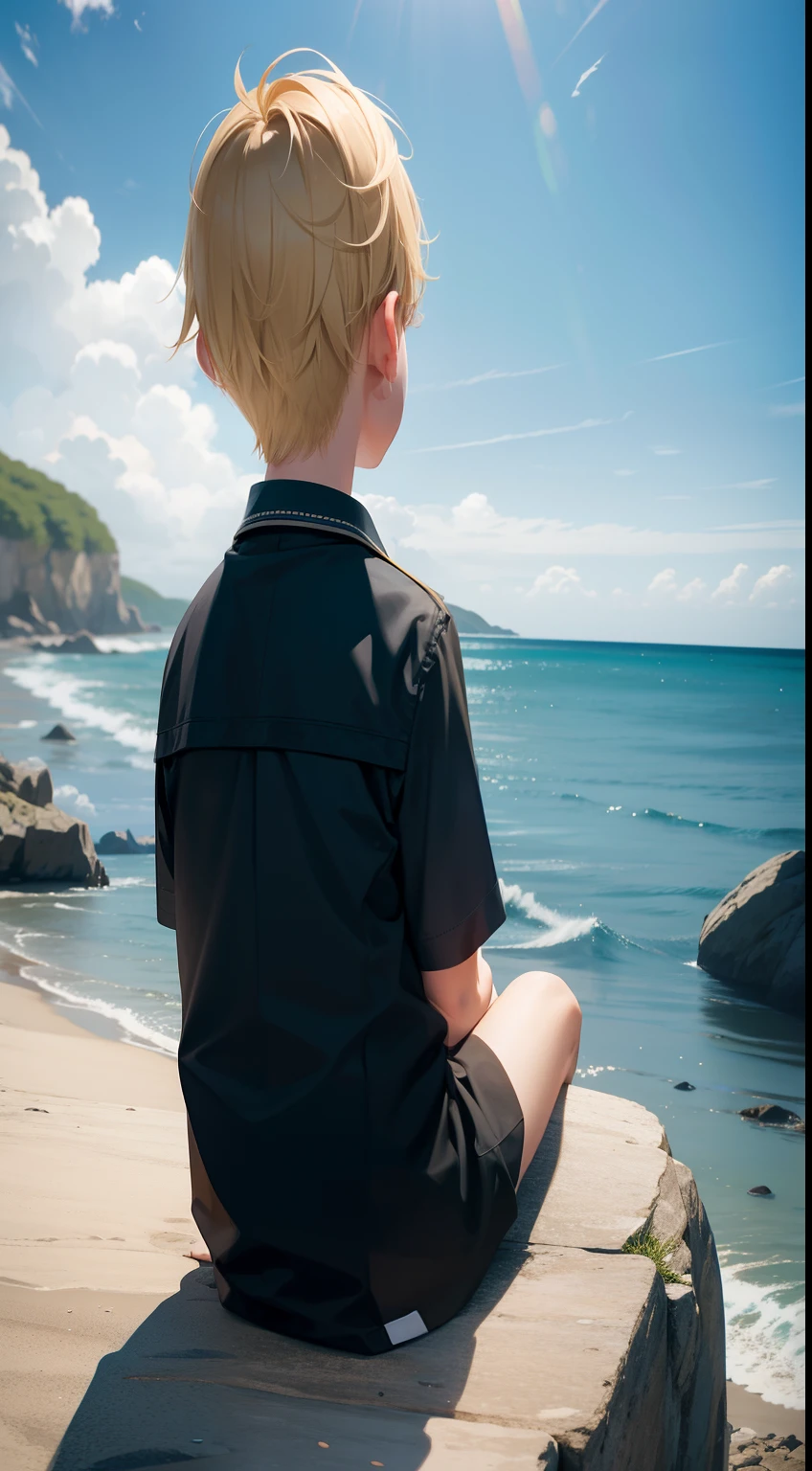 Blonde 10 year old boy sitting on a rock facing the sea at the beach, the view is from behind wallpaper, soothing