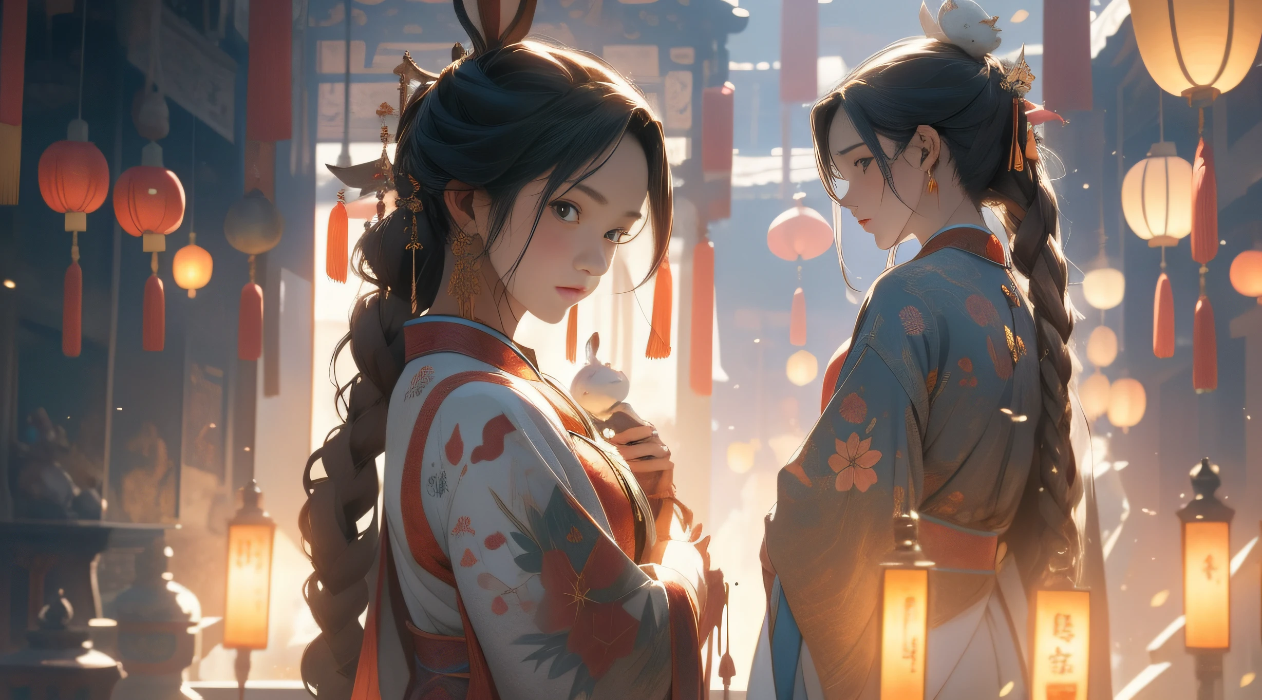 The protagonist is the rabbit of the zodiac，Exquisite facial features，New Year，Only the protagonist is alone，Chinese town，Central Buddha statue，nigh sky，Hang Chinese lanterns，fire works，Fine hair accessories
