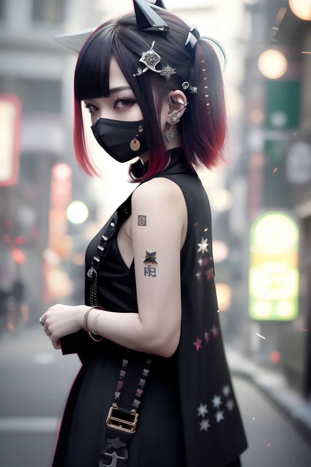 sleeveless、bob cuts、bright red、Really red、Red、Red-haired、rot、red hairs、head phone、🎧、goth_punk, 1girl in, 独奏, medium shot, Walking in Harajuku, ((during night)), bokeh dof, Neon light, Iridescent eyes, starrysky, red glowing hair, Black eyebrows, Radiant hair, (iridescent red hair), 耳Nipple Ring, bangss, jewely, masks, bluntbangs, verd s eyes, Mouth mask, blurry backround, bblurry, hair adornments, Look at viewers, shorth hair, portraitures, side locks