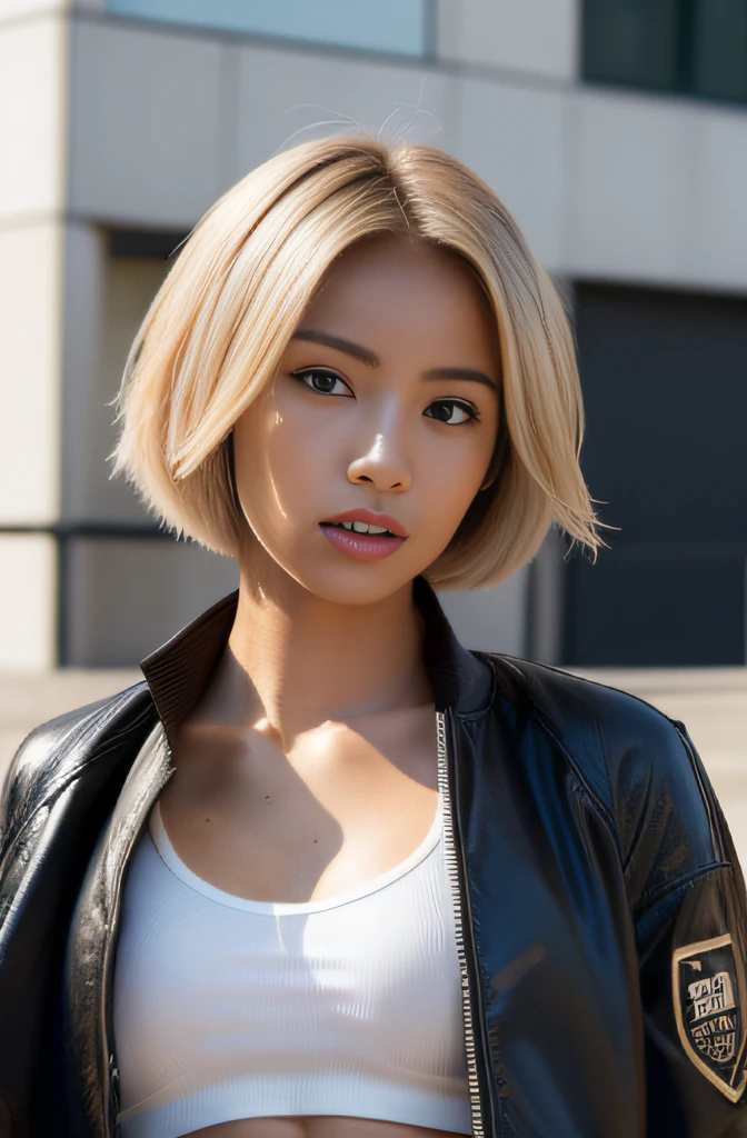 (masterpiece, top-quality:1.3), (Ultra detailed 8K cg:1.2), (hyper realisitic:1.35), (Photorealistic:1.45), (Realistic:1.4), 1 beautiful Japanese girl, (blond hair:1.1), (short hair:1.1), (Tanned skin:1.5), Black Gal, flat chest, (gal make:1.4), Dynamic lighting, dynamic angle, (action:1.7), Bomber jacket, crop top, Cargo pants, looking for viewer, downtown,