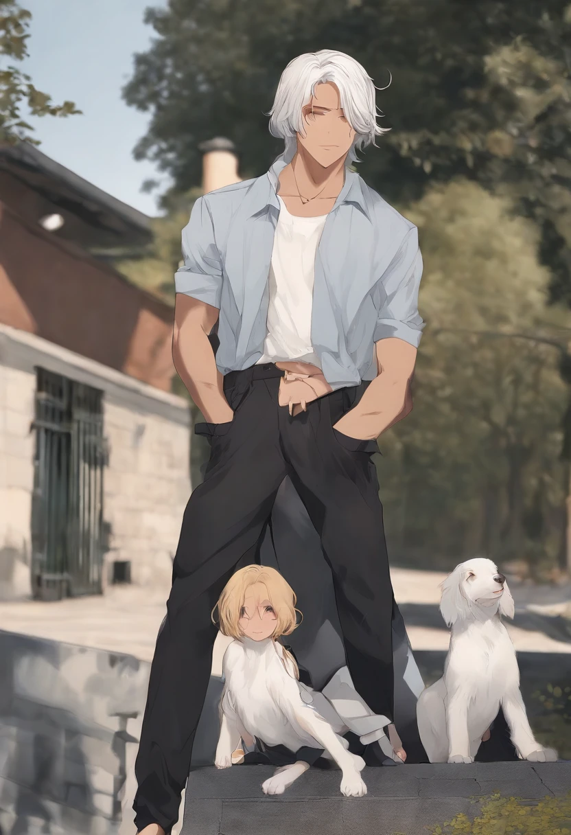 two guys，A black-haired teenager，A girl with white hair，The black-haired boy stands behind the white-haired girl and picks up the girl in the position of a child peeing，The girl's legs were spread apart，The girl's panties hang from her calves，