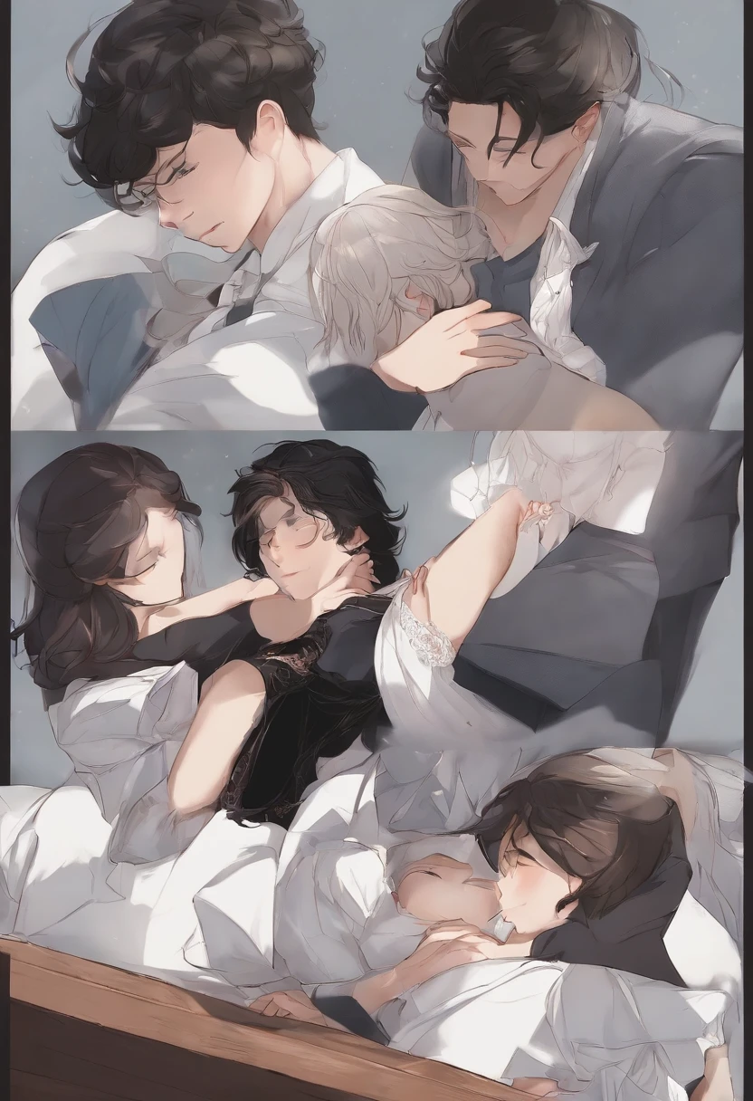 two guys,A black-haired teenager,A girl with white hair,The black-haired boy stands behind the white-haired girl and picks up the girl in the position of a peeing,The girl's legs were spread apart,The girl's panties hang from her calves,