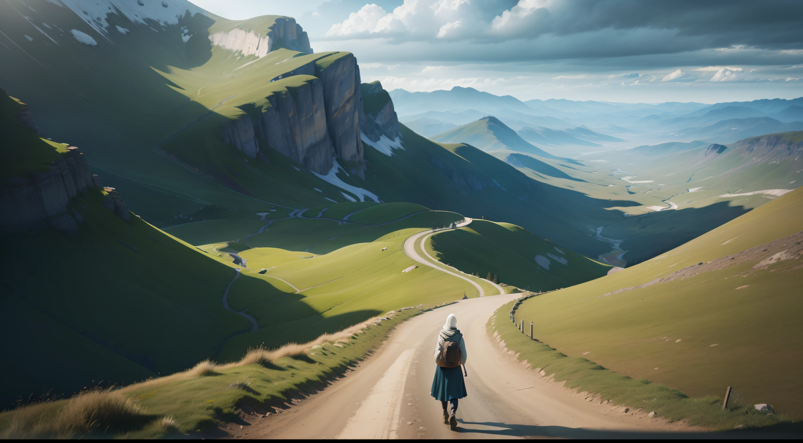 A person, tirelessly climbing every hill, crossing over each one, even though they have aged and their hair has turned white, only to find no one waiting on the other side. (best quality,4k,8k,highres,masterpiece:1.2),ultra-detailed,realistic:1.37,portrait,soft lighting,green and blue color palette,rolling hills,steep slopes,winding path,lonely figure,weary expression,worn-out clothes,empty landscape,overcast sky,misty atmosphere,fading footprints,faraway horizon