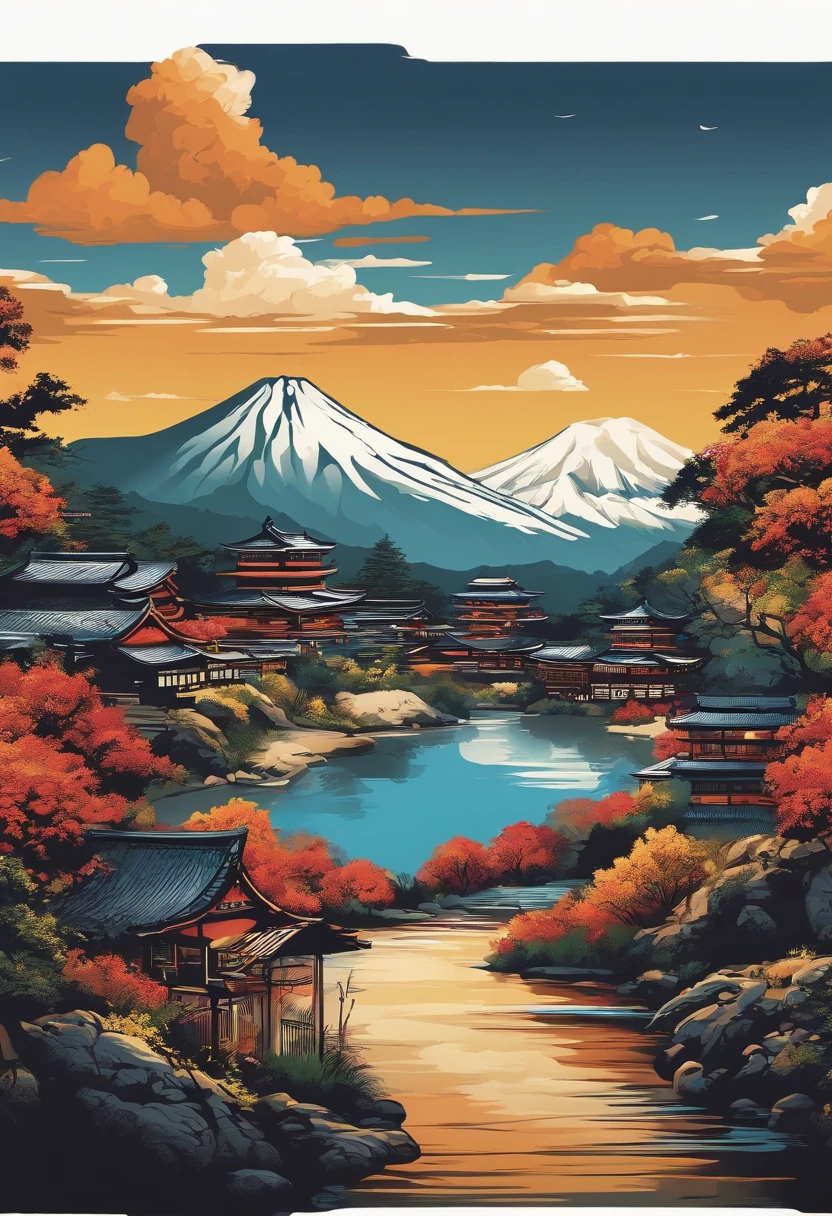print ready vector t-shirt design, Japan village scene with no people , clean white background, professional vector, full shot, 8K resolution, deep impression illustration