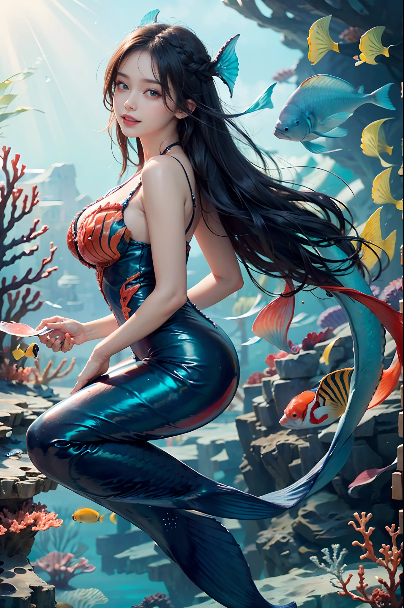 (Under the sea:1.6),The sea shining in the morning sun , (mermaid: 1.2), Glowing scales,Medium Hair, Braids, Dark blue eyes, 1 girl, 20 years old,grin,large full breasts,A slender,(Very beautiful coral:1.2), (Colorful tropical fish:1.4),(Realistic), (Intricate details: 1.2), (masutepiece: 1.3), (Best Quality: 1.4), (超A high resolution: 1.2), 超A high resolution, (Detailed eyes), (detailed facial features), nffsw, 8K resolution, (lens glare: 0.7), beautiful foot,beautifull hands,Look at viewers,dynamicposes,low angles,turned around