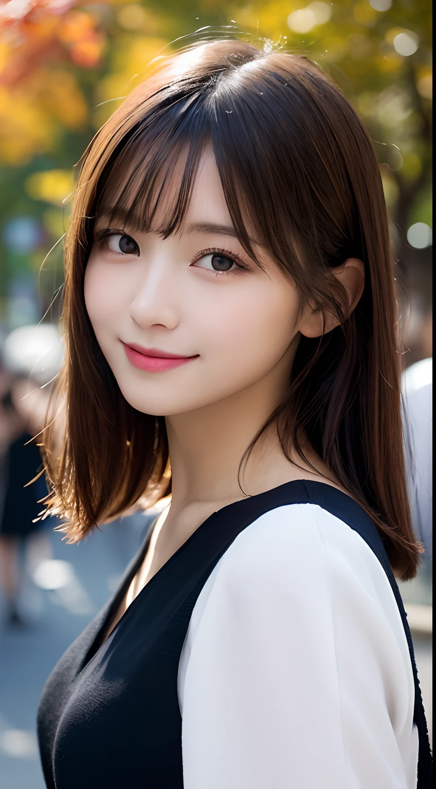 masutepiece, Best Quality, Illustration, Ultra-detailed, finely detail, hight resolution, 8K Wallpaper, Perfect dynamic composition, Beautiful detailed eyes, Women's Fashion Autumn,Medium Hair,small tits,Natural Color Lip, Bold sexy poses,Smile,Harajuku、20 years girl、Cute、Sexy shot looking at camera
