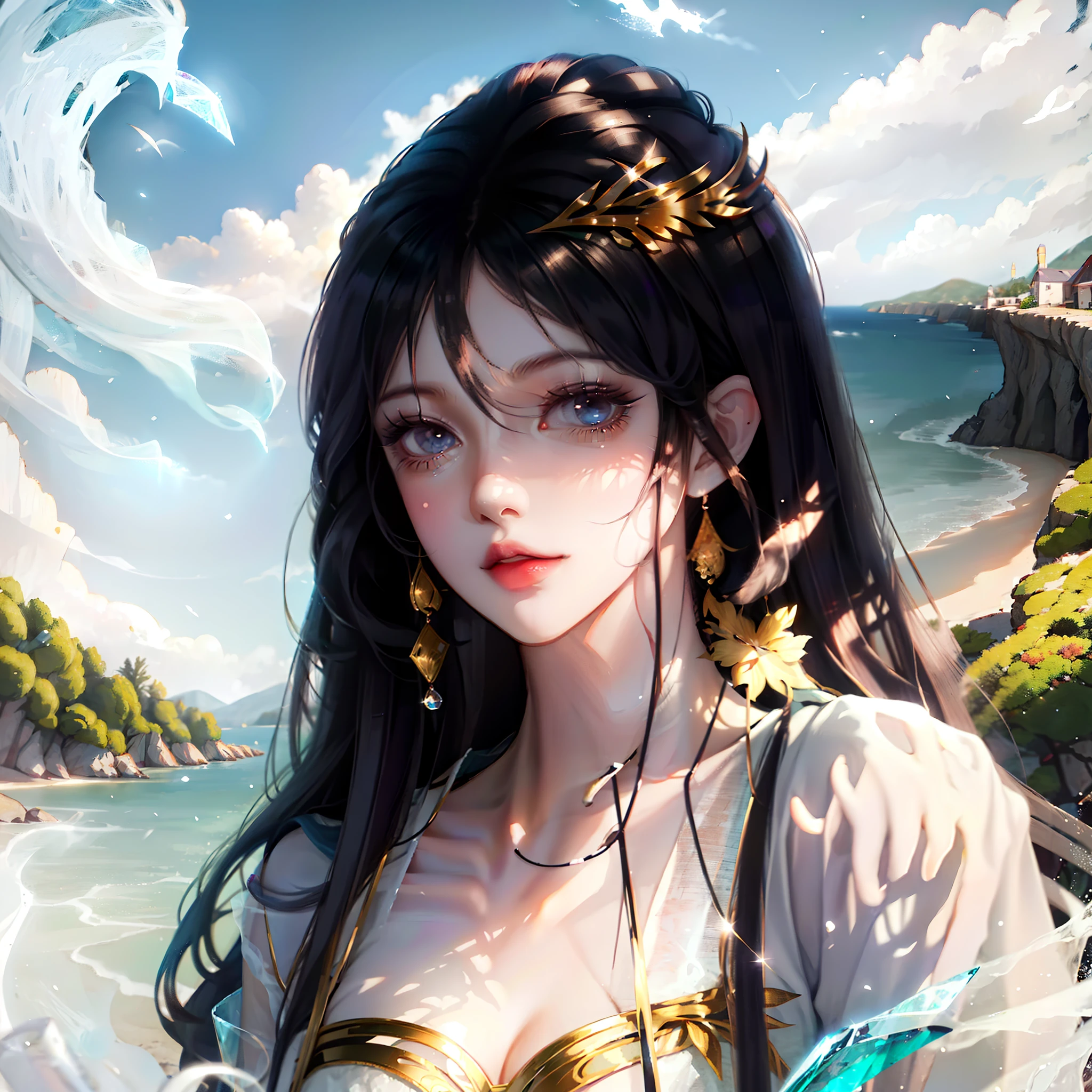 Anime girl with crystal eyes, black hair, beautiful face, cute body, beautiful Landscape, komi