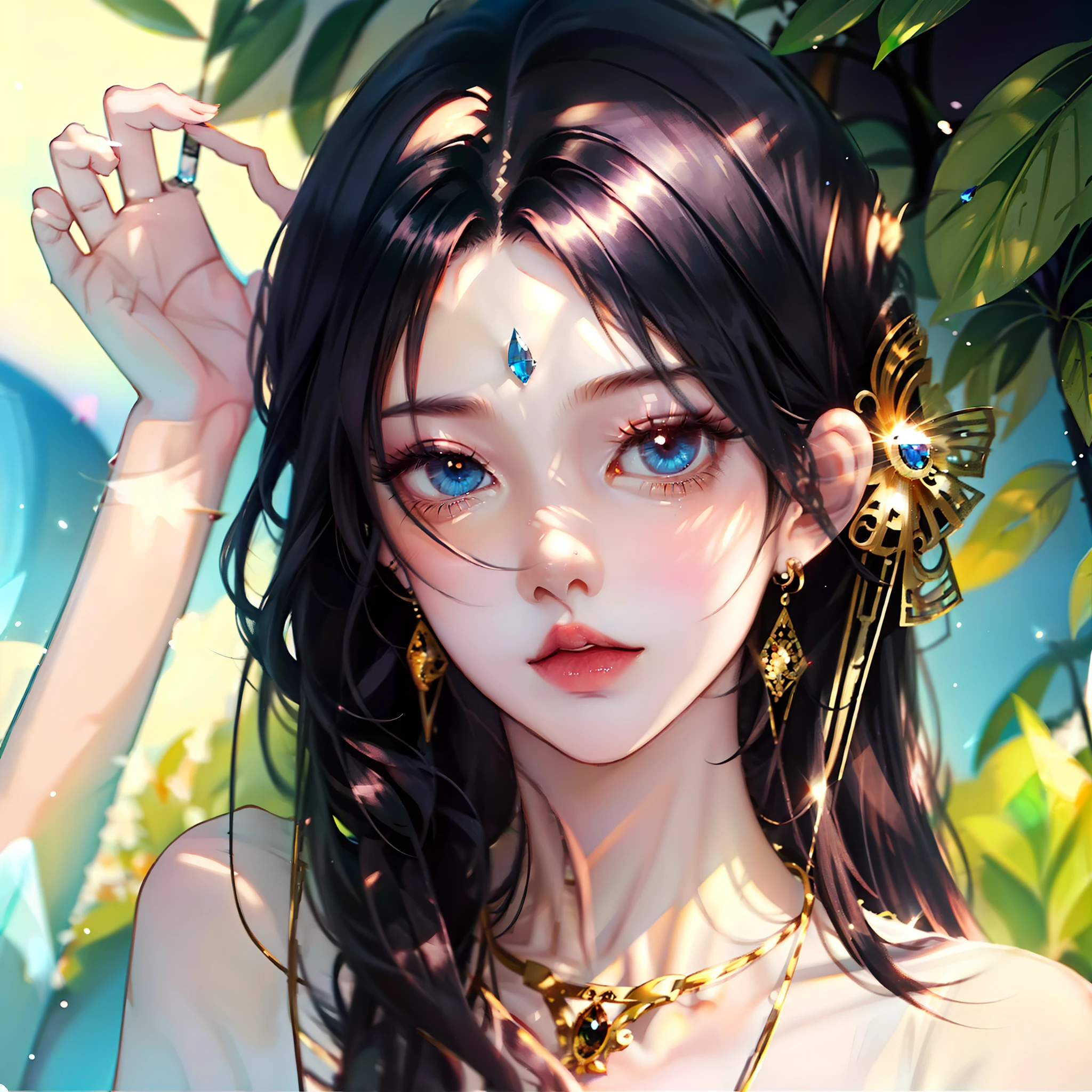 Anime girl with crystal eyes, black hair, beautiful face, cute body, beautiful Landscape, komi