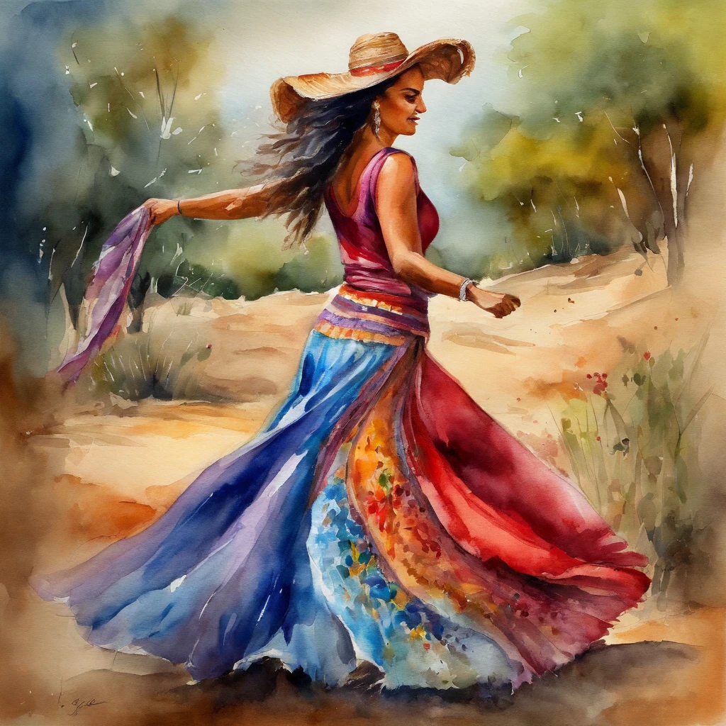 Latin woman in gypsy clothes dancing flamenco beautiful landscapes, grande profundidade de campo, Arte Digital, obra prima, Qualidade UHD". RPG