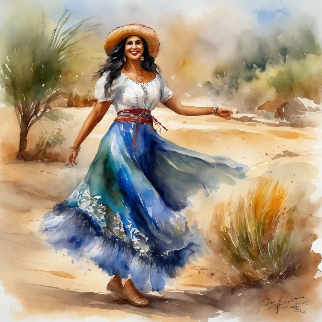 Latin woman in gypsy clothes dancing flamenco beautiful landscapes, grande profundidade de campo, Arte Digital, obra prima, Qualidade UHD". RPG